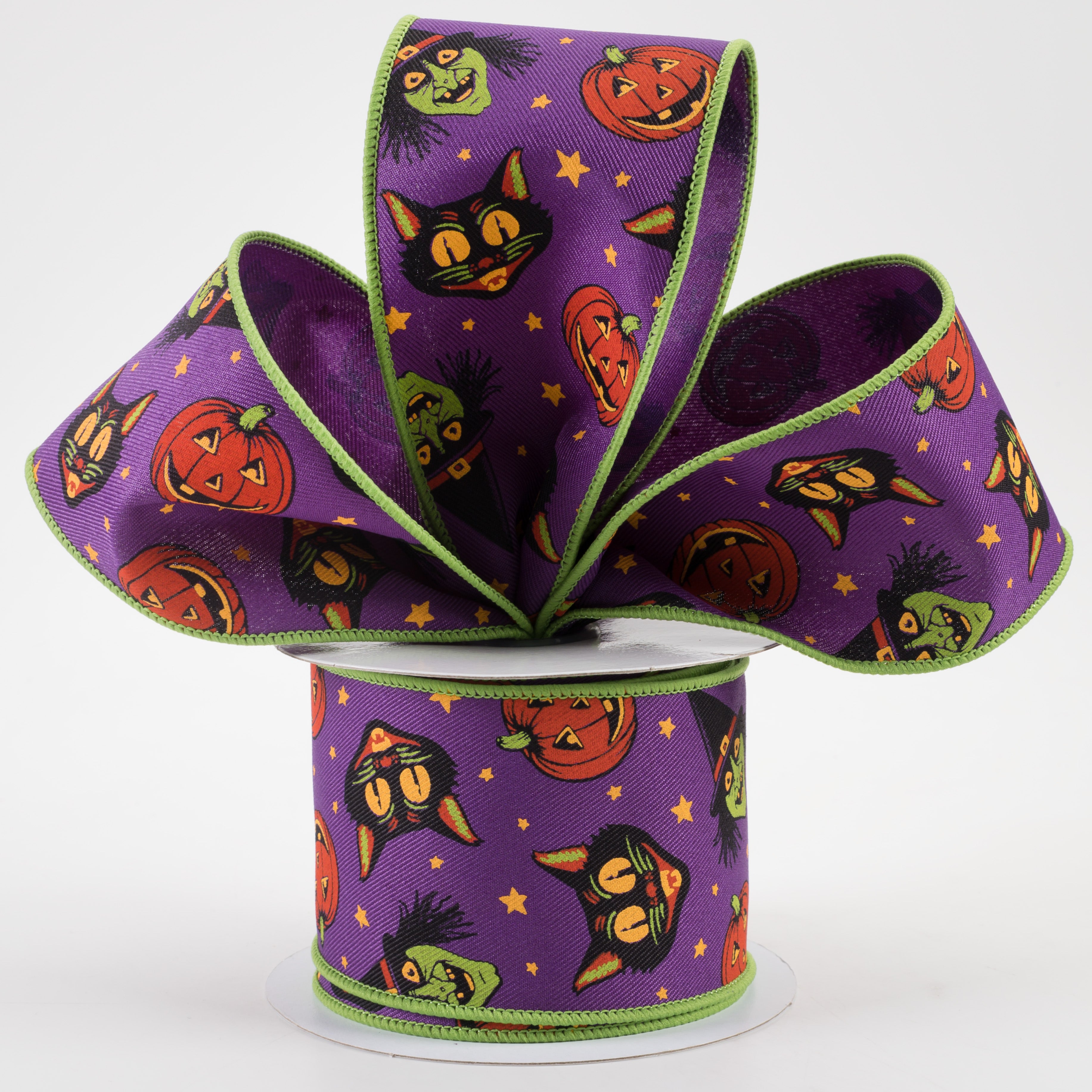 2.5" Vintage Cat, Witch, Jack-O-Lantern Ribbon: Purple (10 Yards) Lifestyle Photo