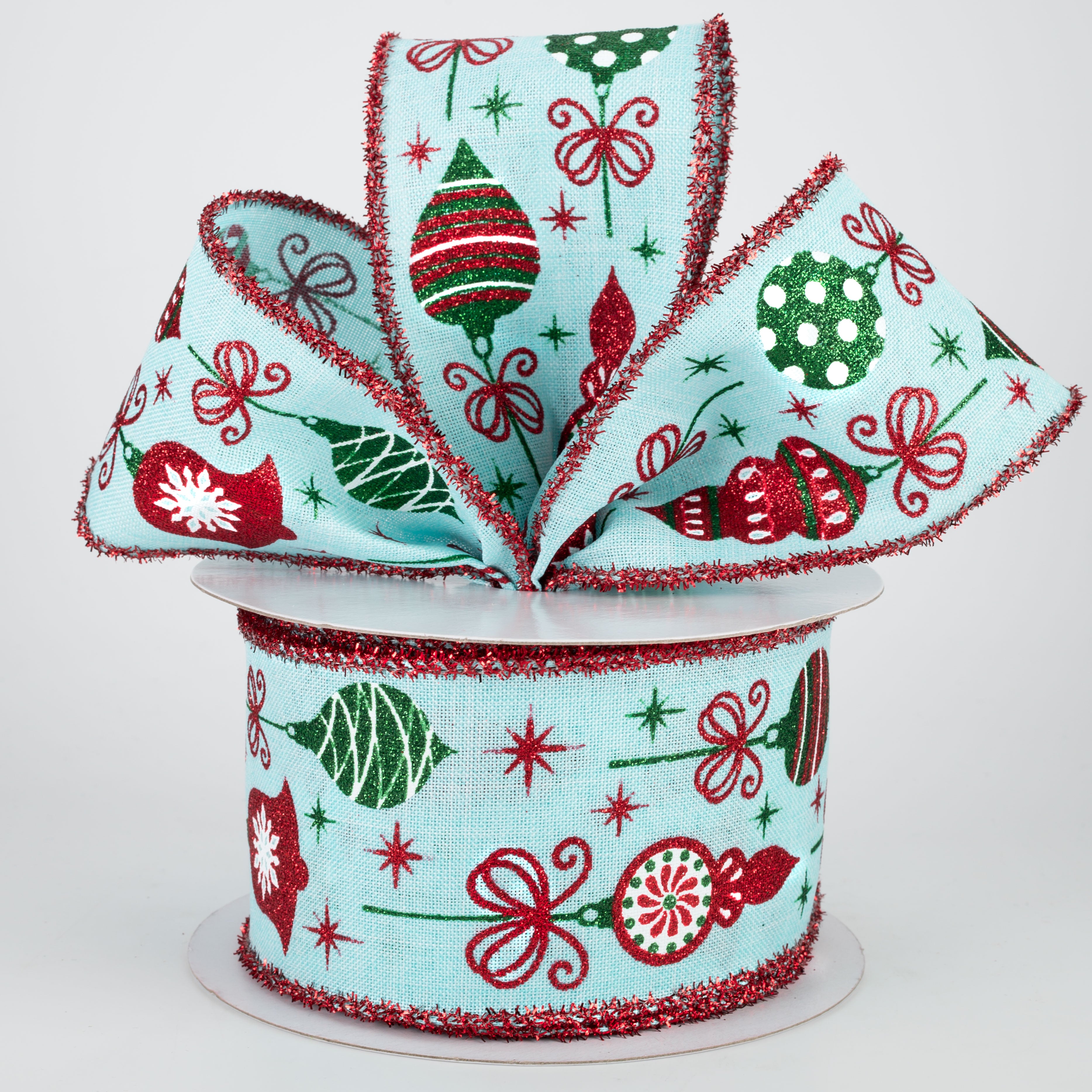 2.5" Vintage Christmas Ornaments Tinsel Edge Ribbon: Ice Blue (10 Yards) Lifestyle Photo