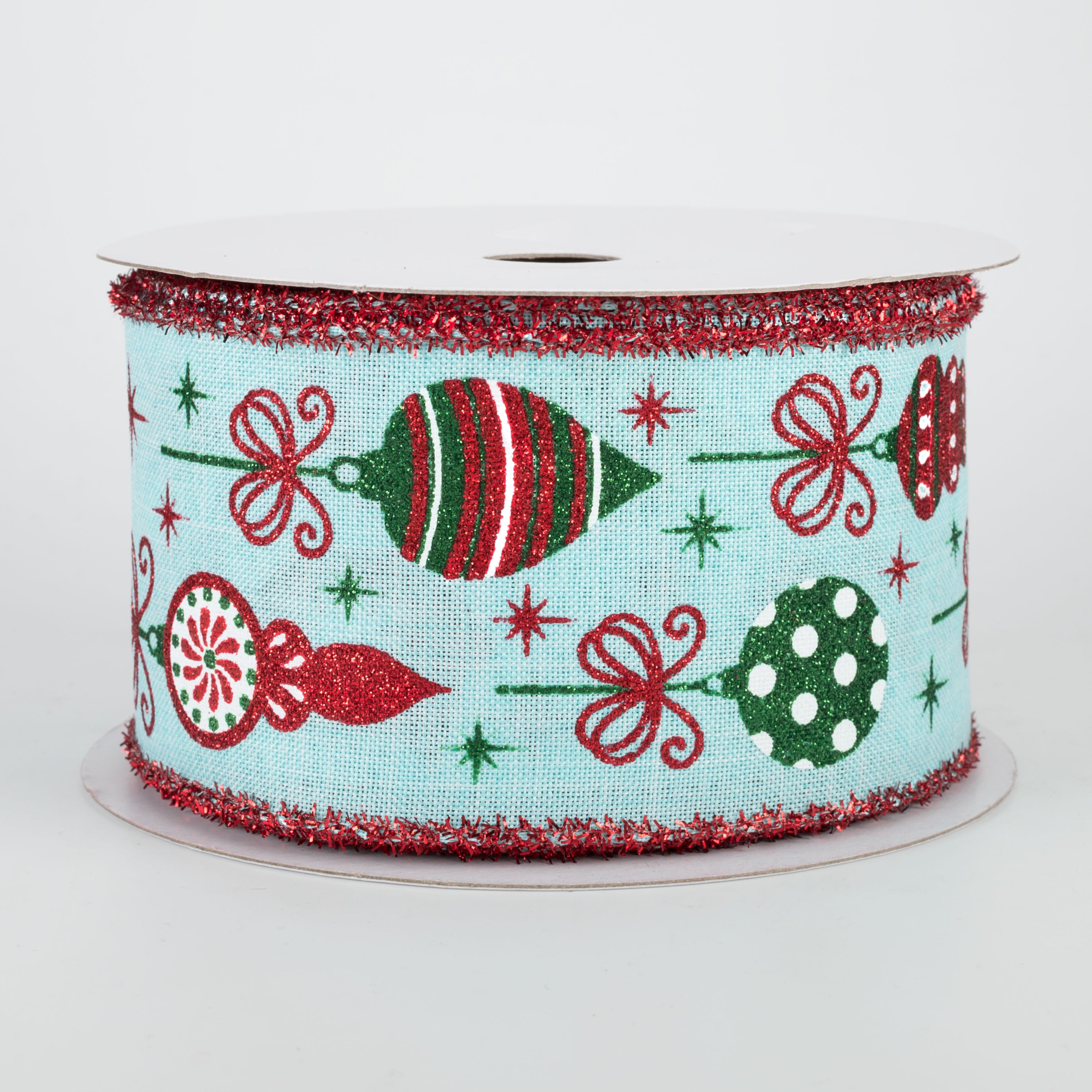2.5" Vintage Christmas Ornaments Tinsel Edge Ribbon: Ice Blue (10 Yards)