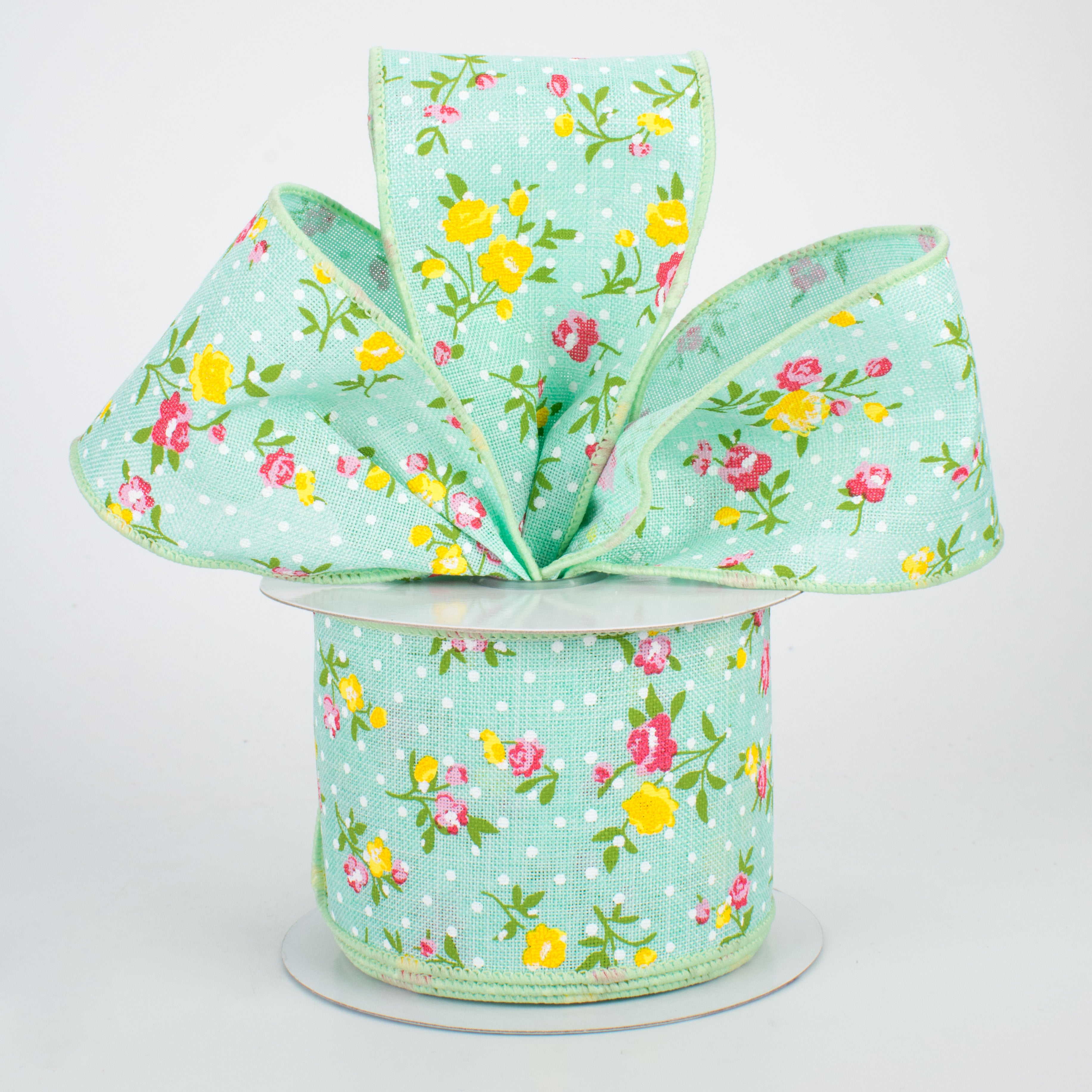 2.5" Vintage Floral Dots Ribbon: Mint Green (10 Yards) Lifestyle Photo
