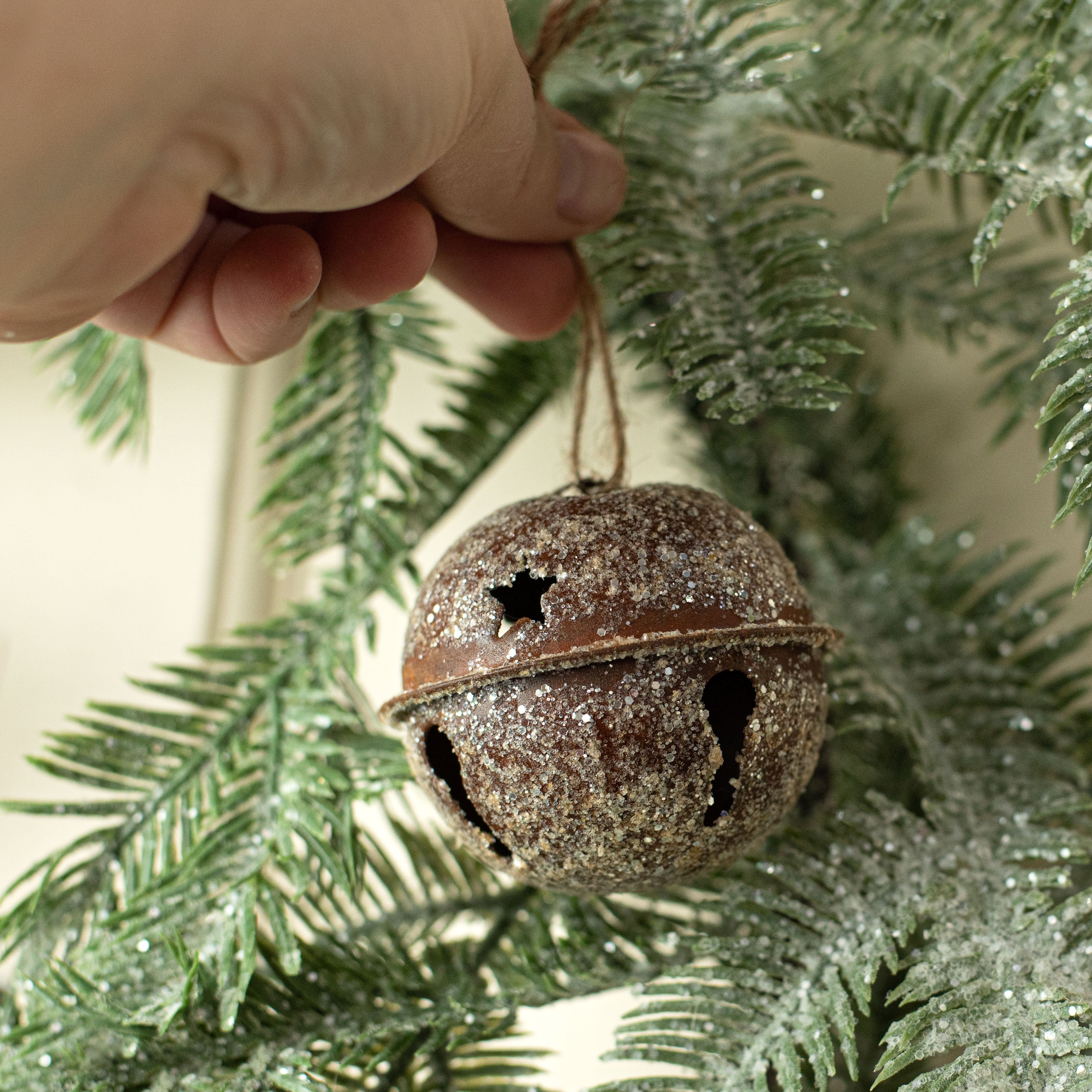 2.5" Vintage Jingle Bell Ornament: Rust & Glitter Lifestyle Photo
