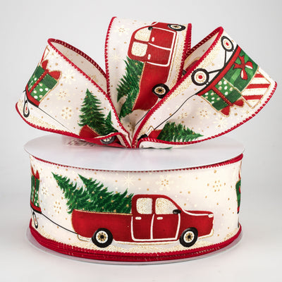 2.5" Vintage Truck Pulling Gift Wagon Ribbon: Cream (50 Yards) Lifestyle Photo