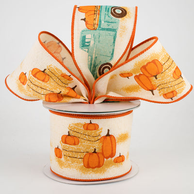 2.5" Vintage Truck With Pumpkins Ribbon: Cream & Teal (10 Yards) Lifestyle Photo