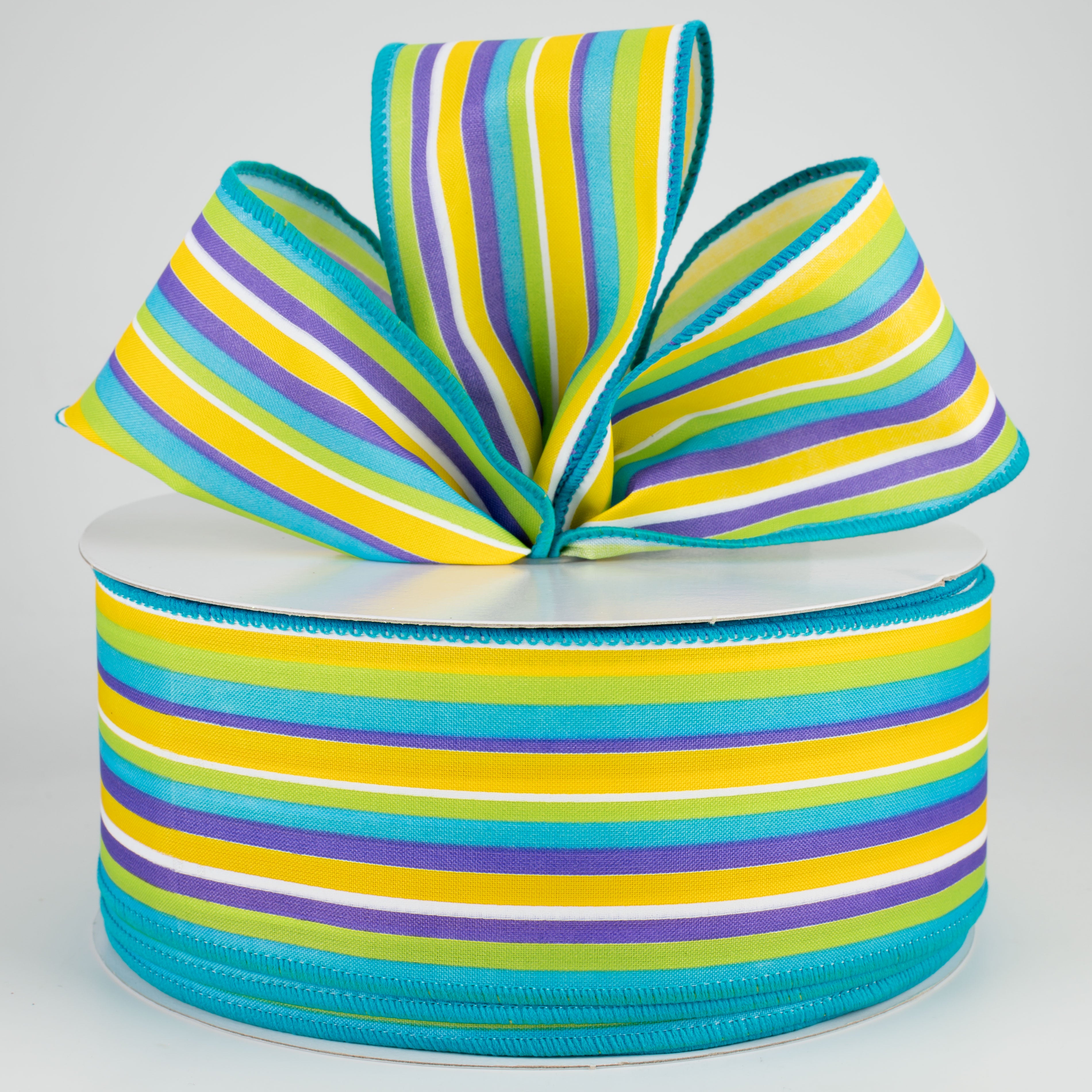 2.5" Walla Stripes Ribbon: Purple, Lime, Yellow, Turquoise (50 Yards) Lifestyle Photo
