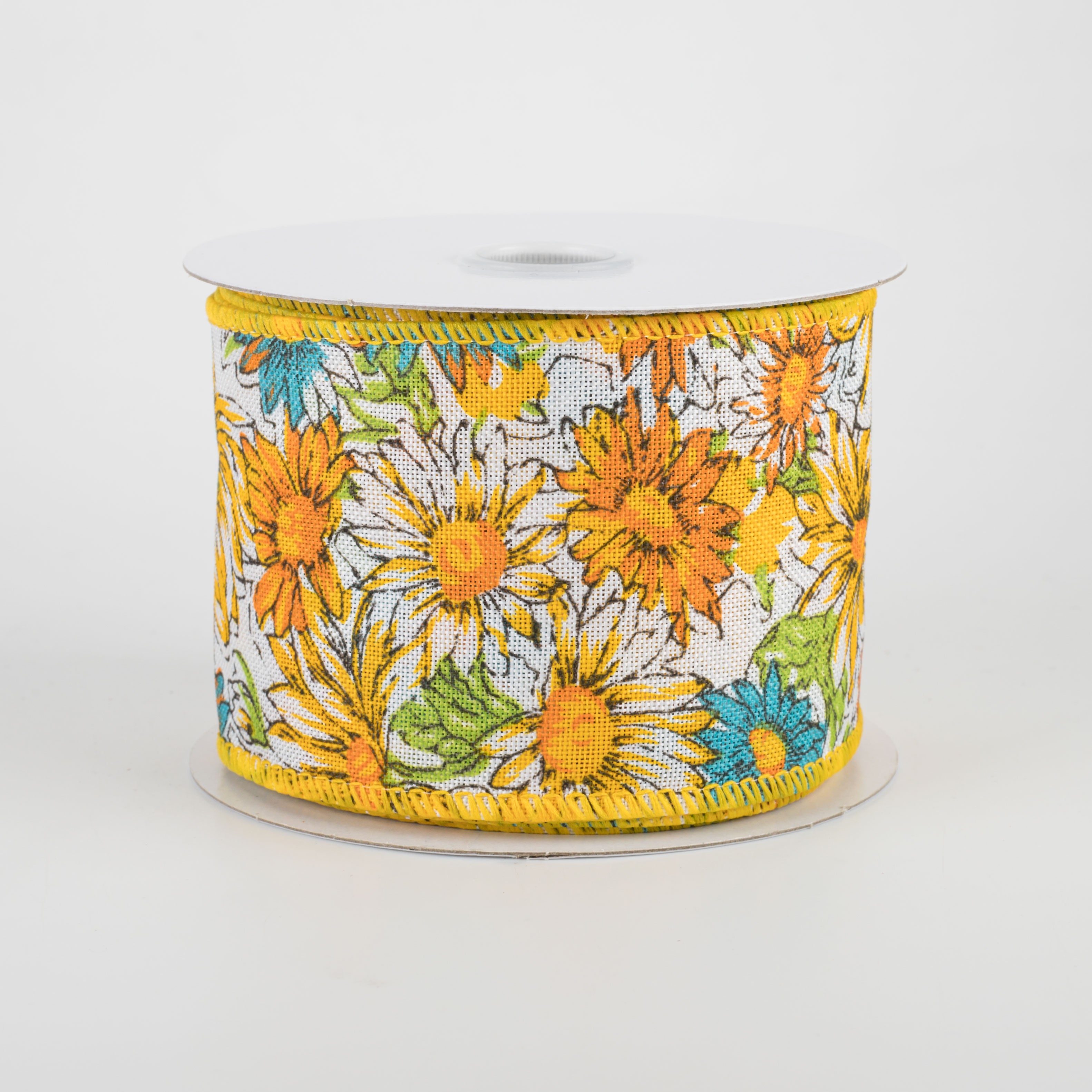 2.5" Watercolor Daisies Ribbon: Yellow & Teal (10 Yards)
