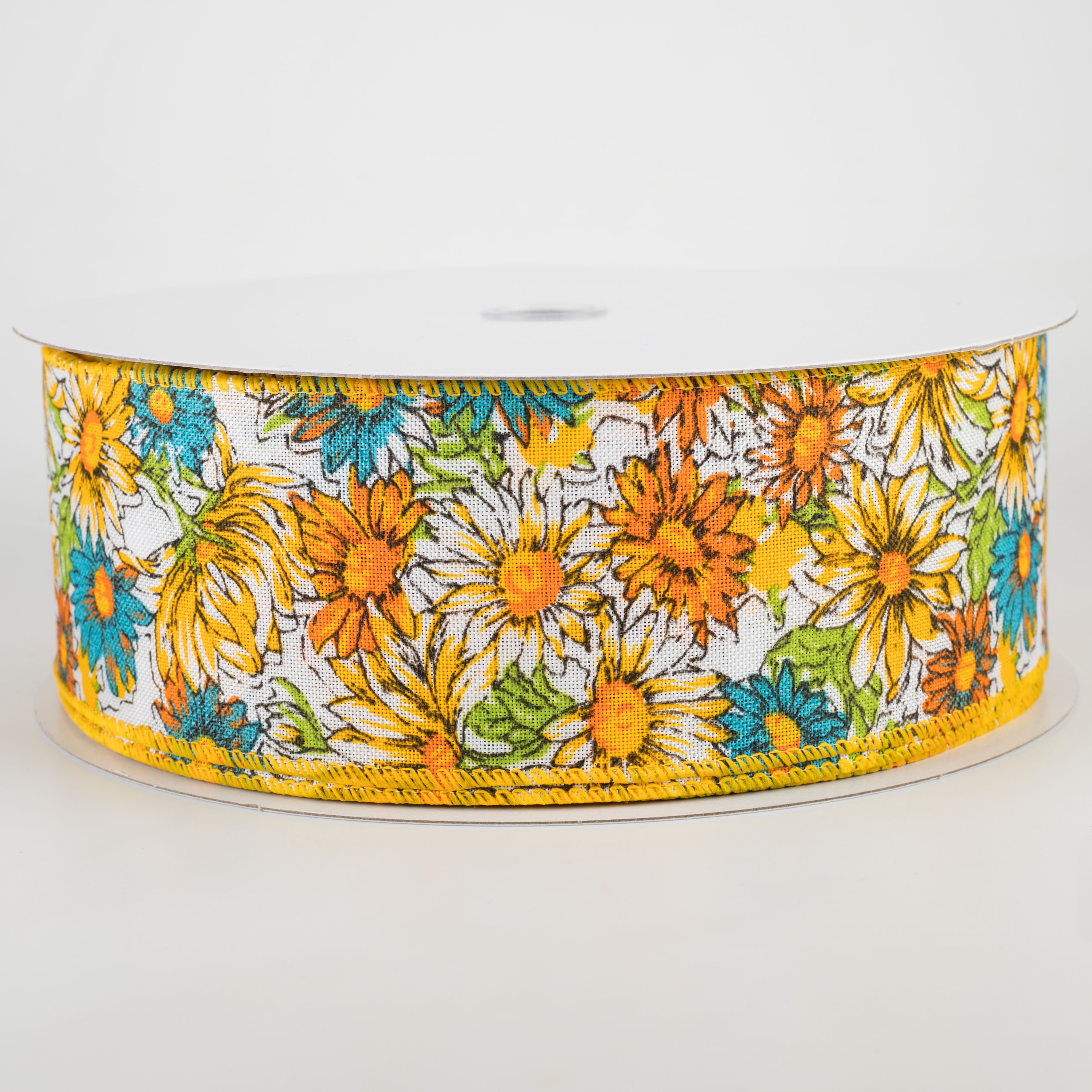 2.5" Watercolor Daisies Ribbon: Yellow & Teal (50 Yards) Item Number: 841-40-109