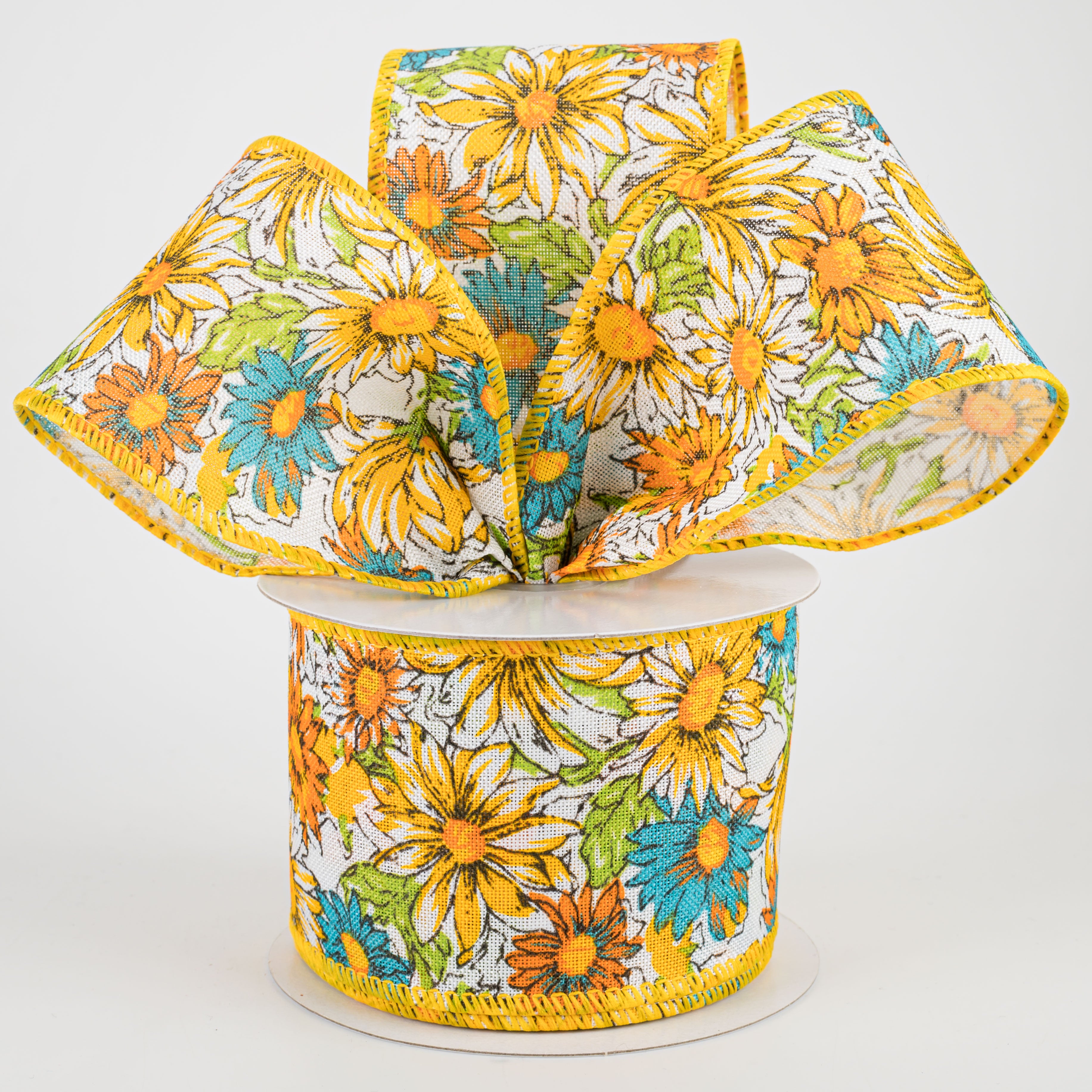 2.5" Watercolor Daisies Ribbon: Yellow & Teal (10 Yards) Lifestyle Photo