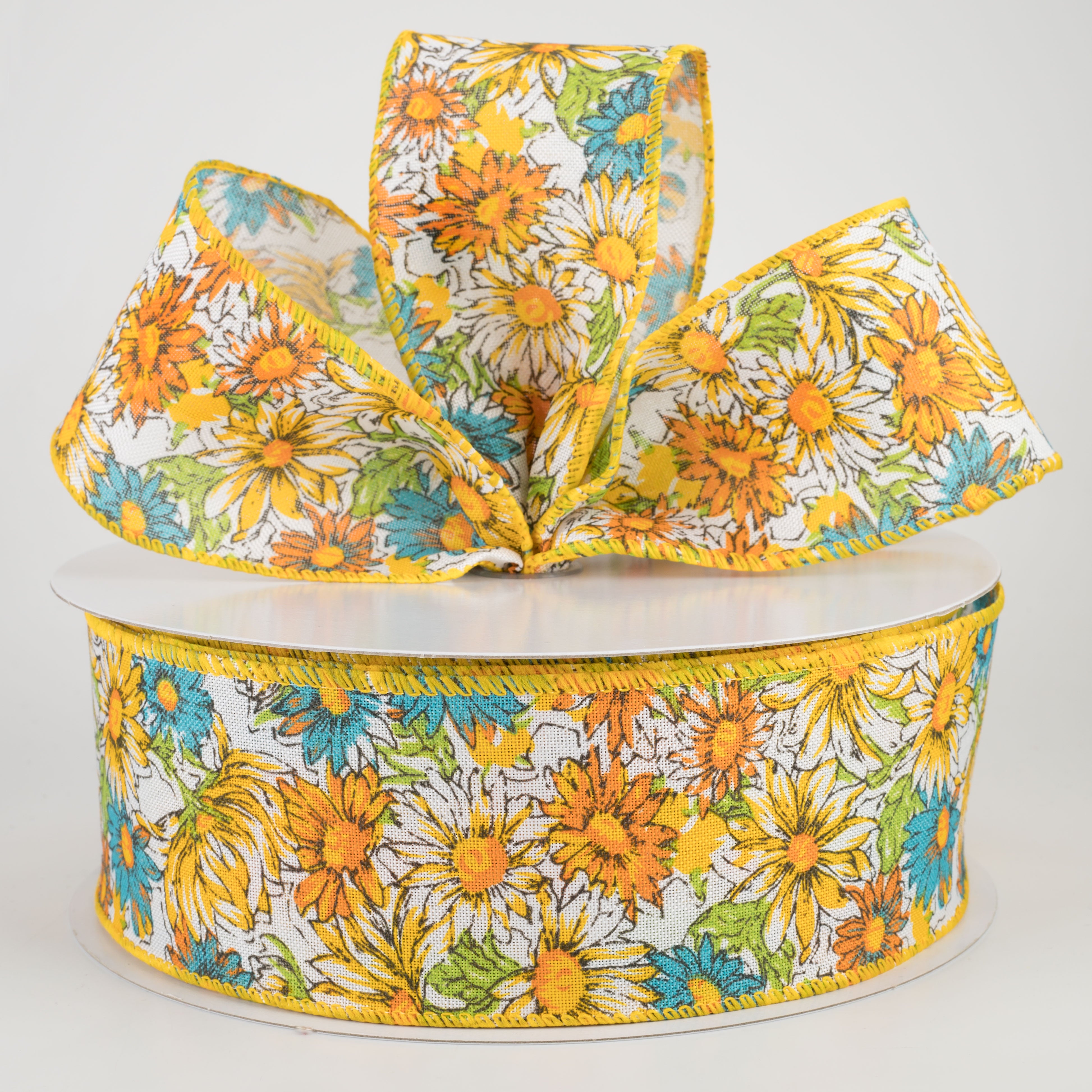 2.5" Watercolor Daisies Ribbon: Yellow & Teal (50 Yards) Lifestyle Photo