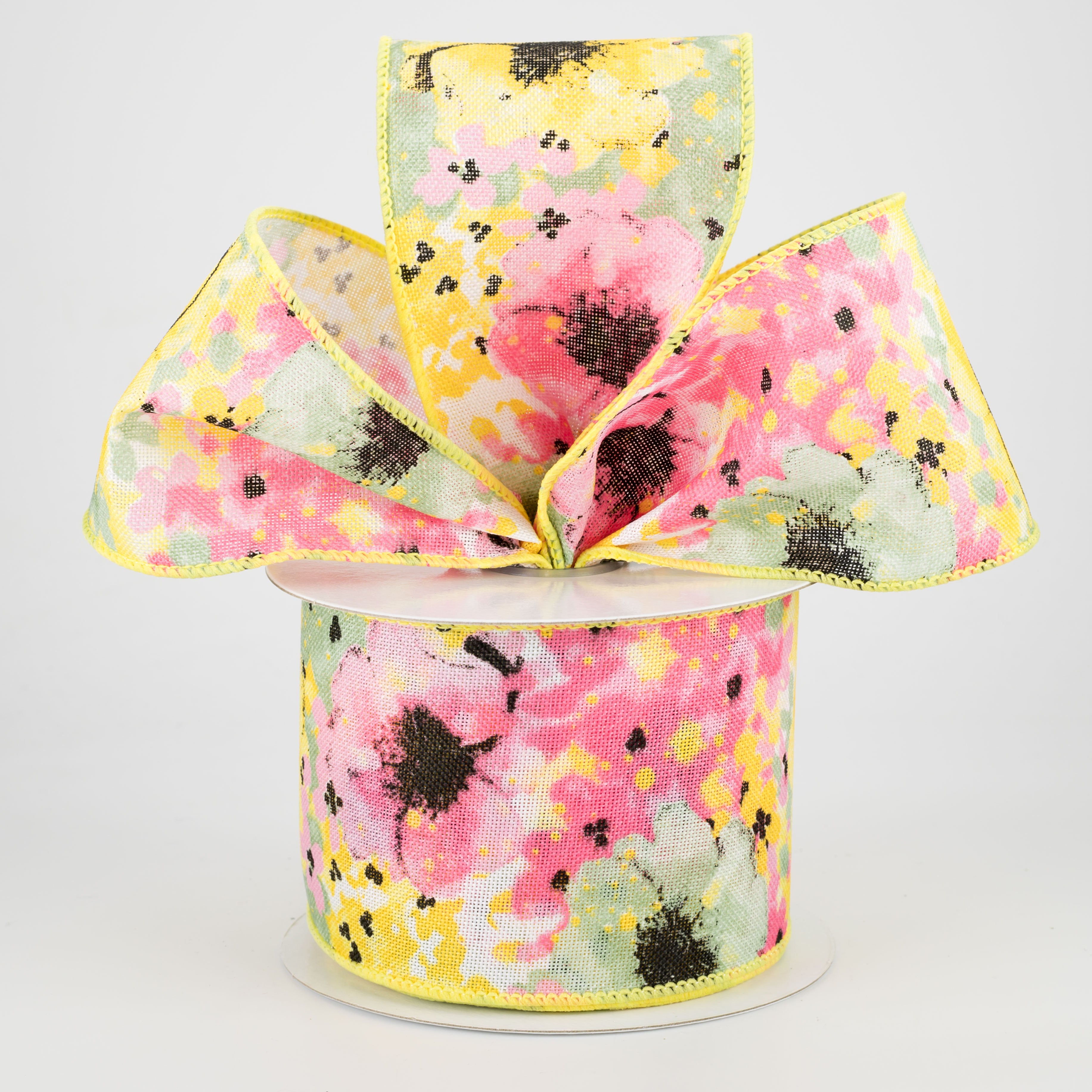 2.5" Watercolor Floral Ribbon: Pink, Sage, Yellow (10 Yards) Lifestyle Photo