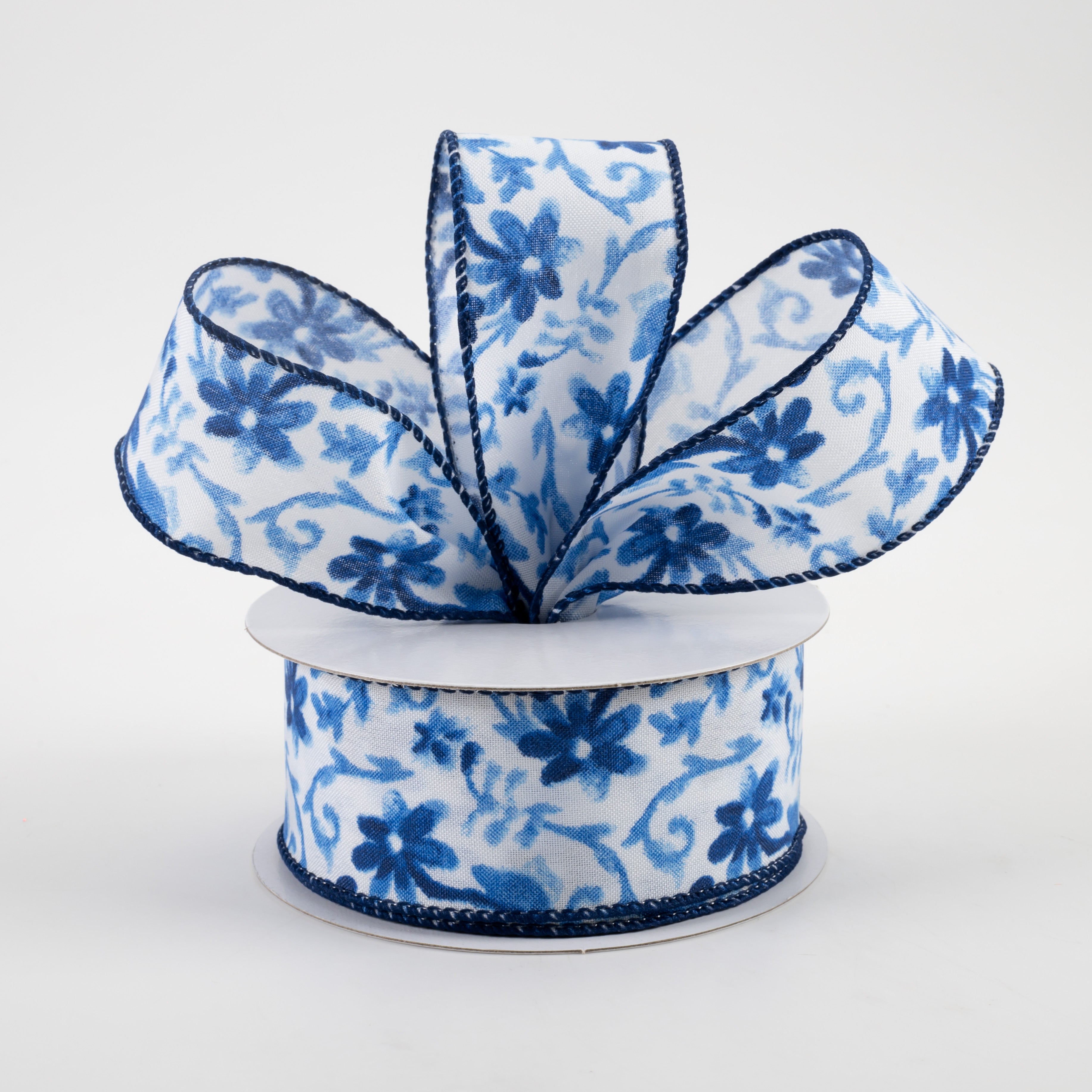 1.5" Watercolor Flower Branches Satin Ribbon: Blues (10 Yards) Lifestyle Photo