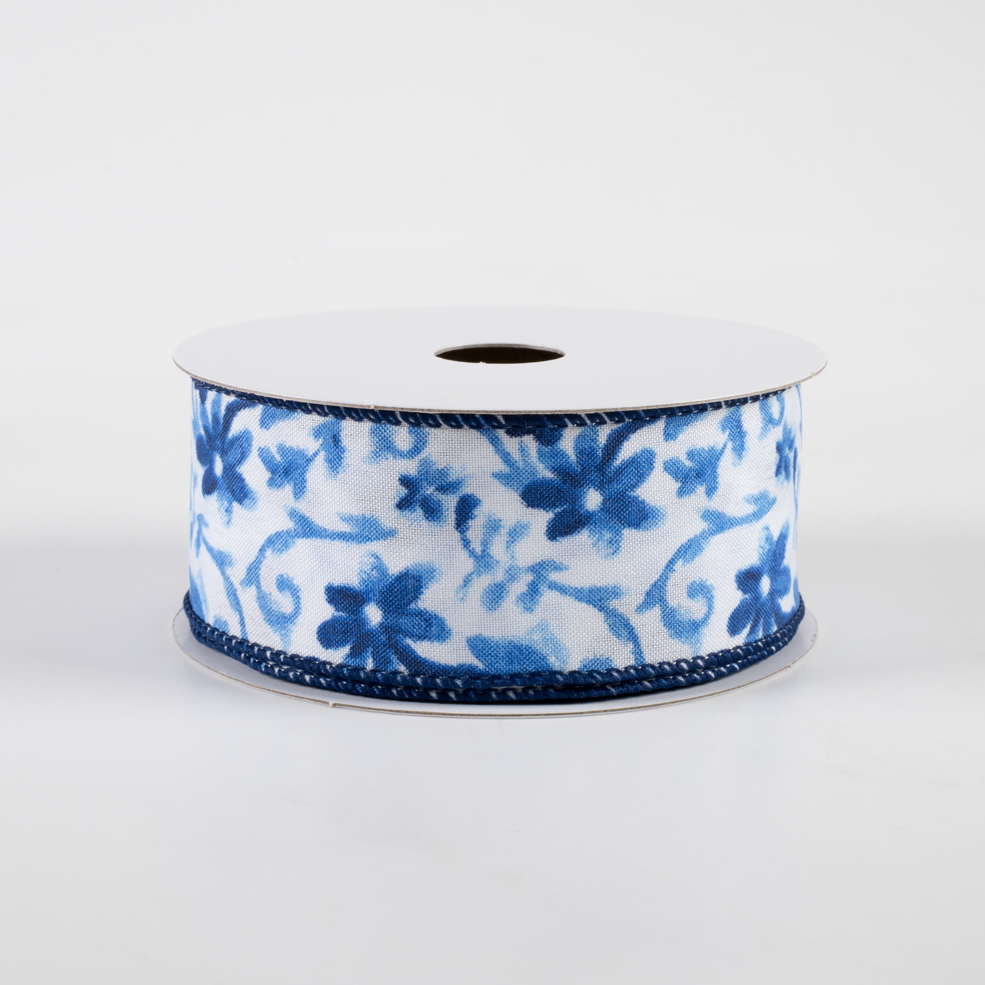 1.5" Watercolor Flower Branches Satin Ribbon: Blues (10 Yards)