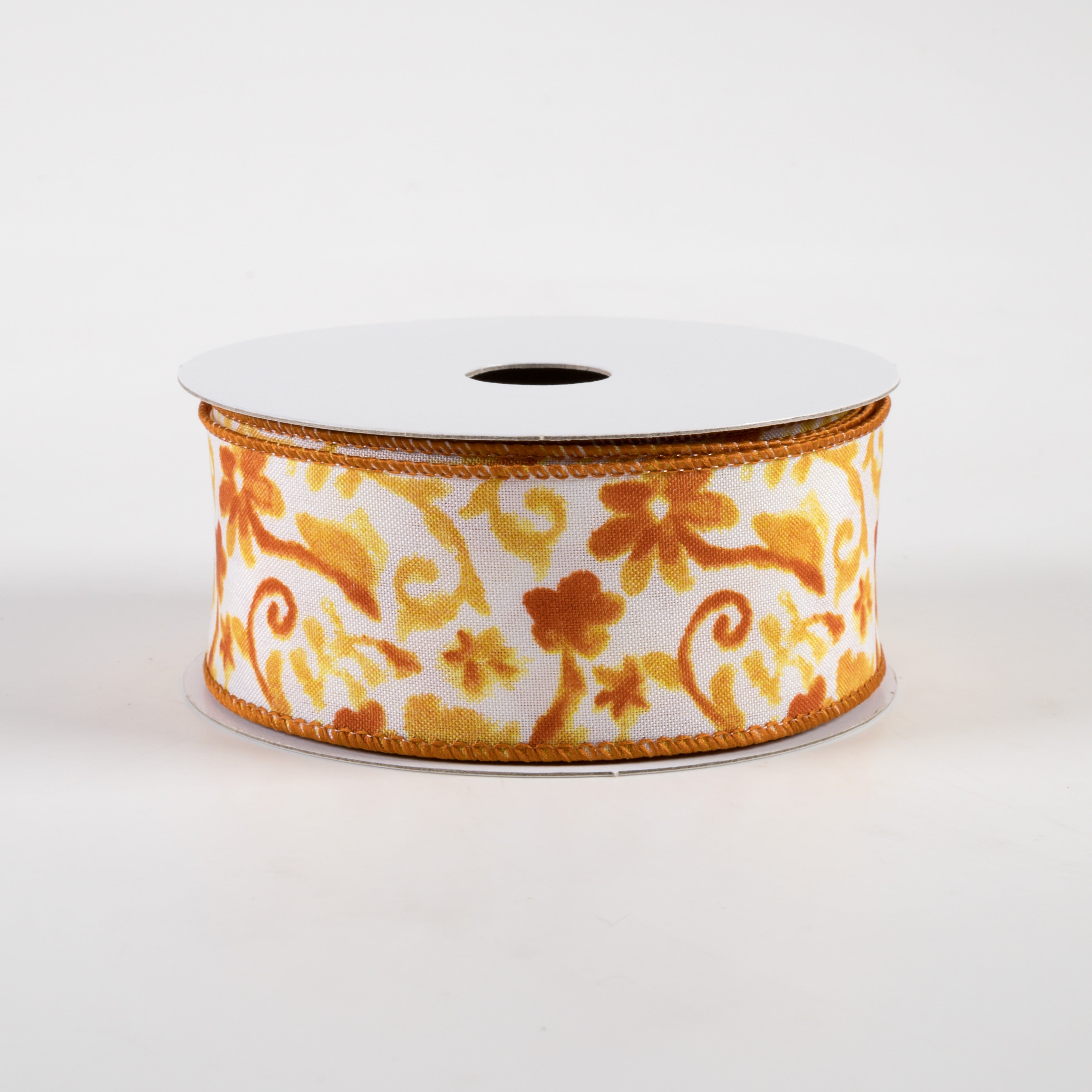 1.5" Watercolor Flower Branches Satin Ribbon: Orange & Yellow (10 Yards)