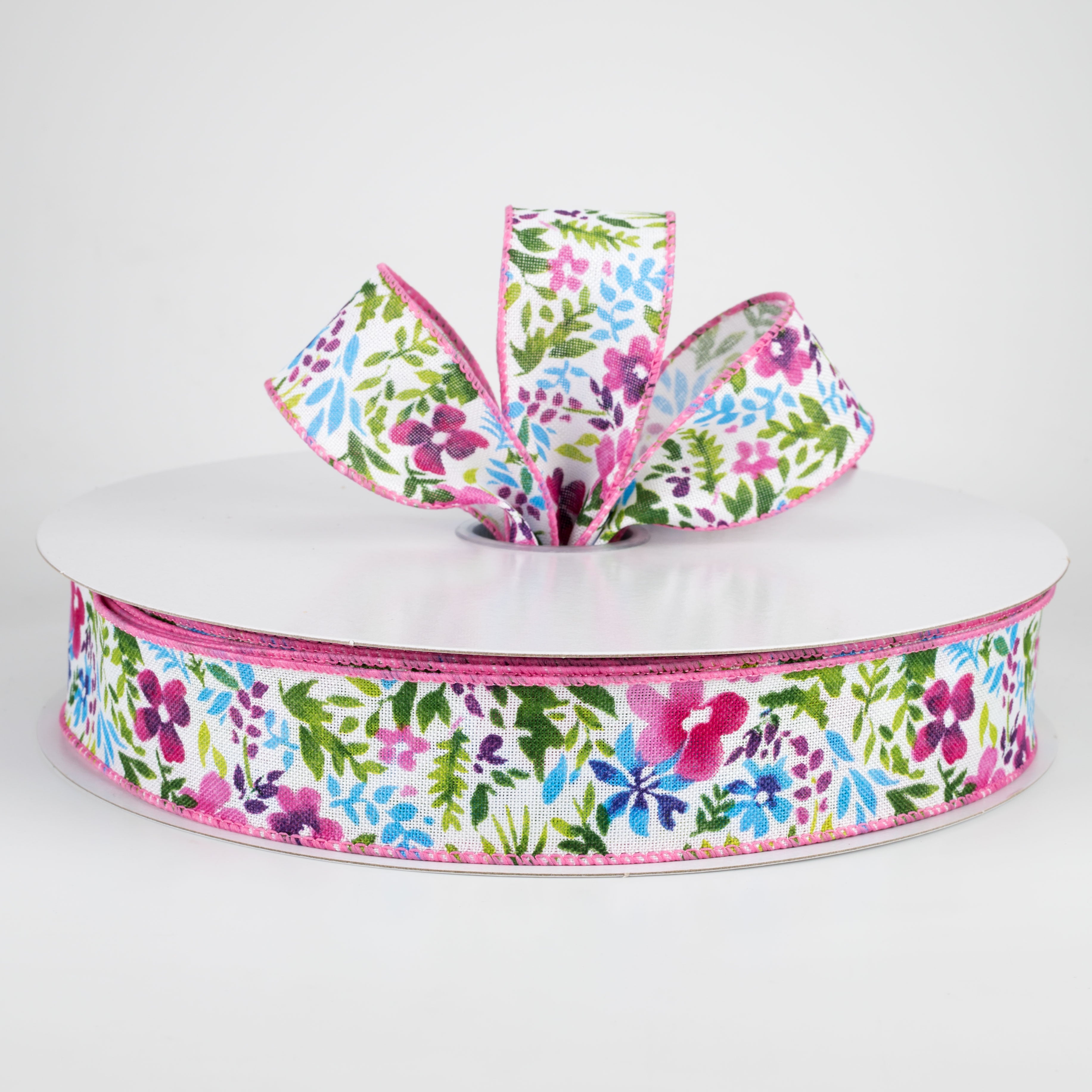 1.5" Watercolor Flowers on Linen Ribbon: Fuchsia & Blue (50 Yards) Lifestyle Photo