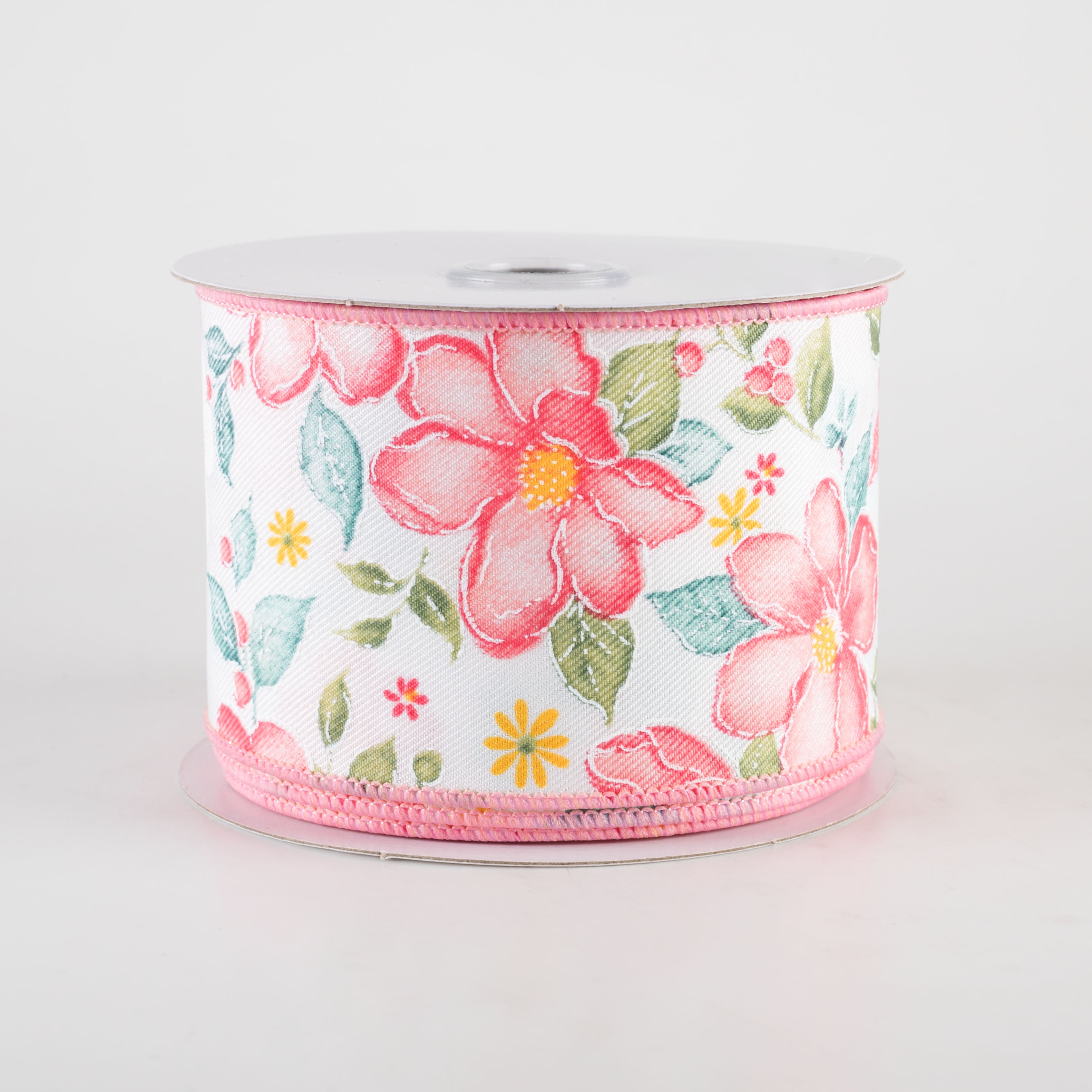 2.5" Watercolor Flowers Ribbon: Dark Rose, Coral, Green, Teal (10 Yards)