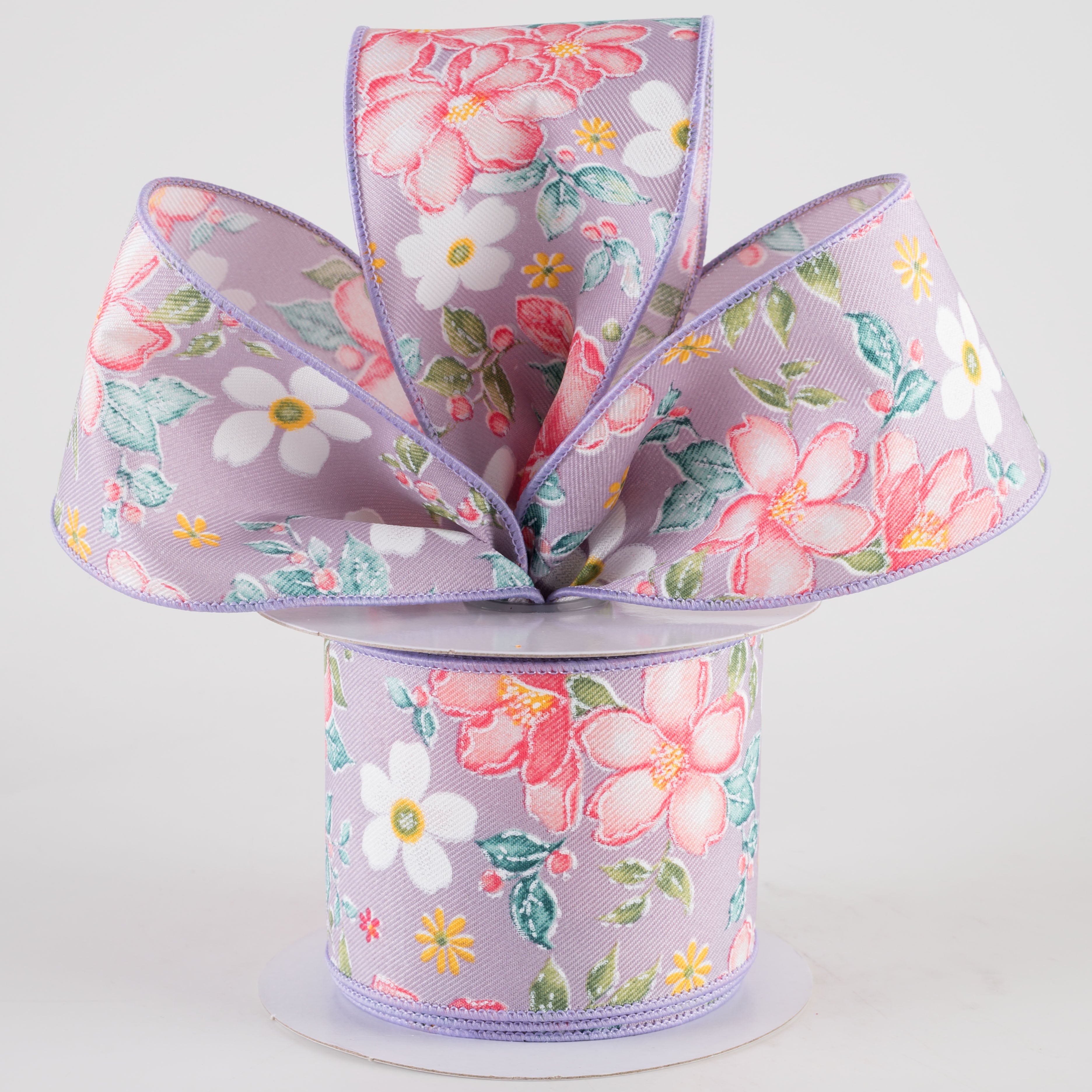2.5" Watercolor Flowers Ribbon: Lavender, Dark Rose, Coral (10 Yards) Lifestyle Photo