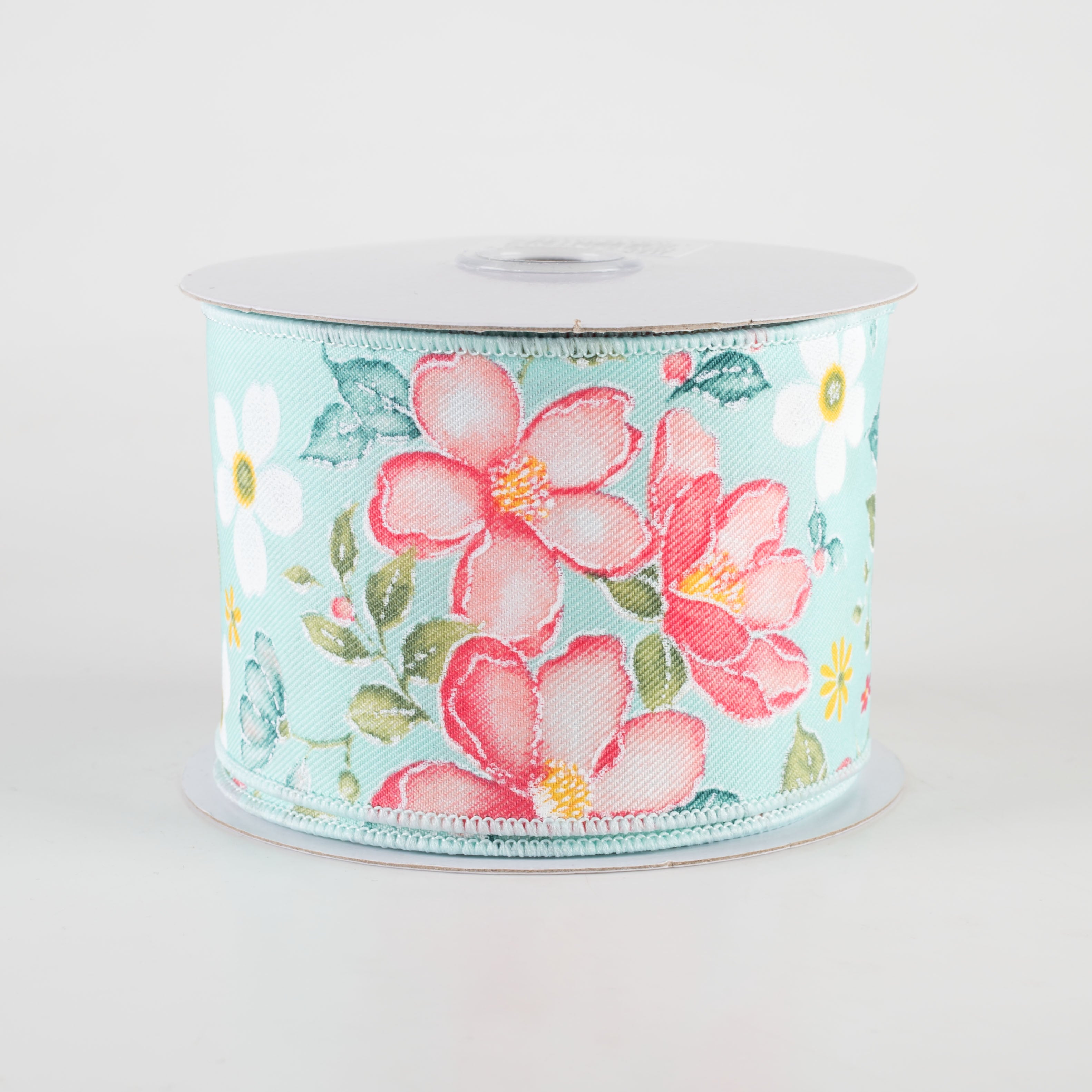 2.5" Watercolor Flowers Ribbon: Light Blue, Dark Rose, Coral (10 Yards)