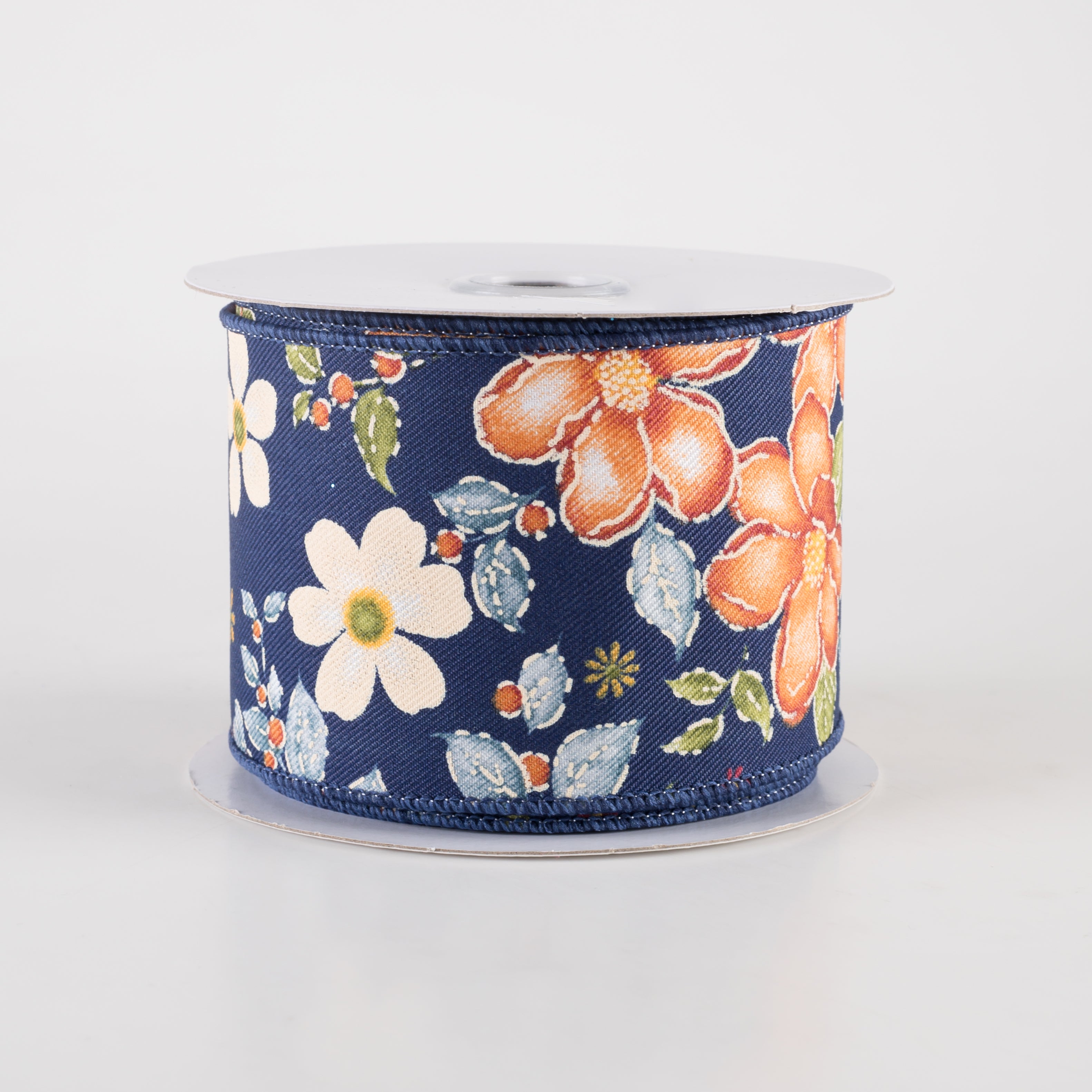 2.5" Watercolor Flowers Ribbon: Navy, Wine, Orange, Moss (10 Yards)