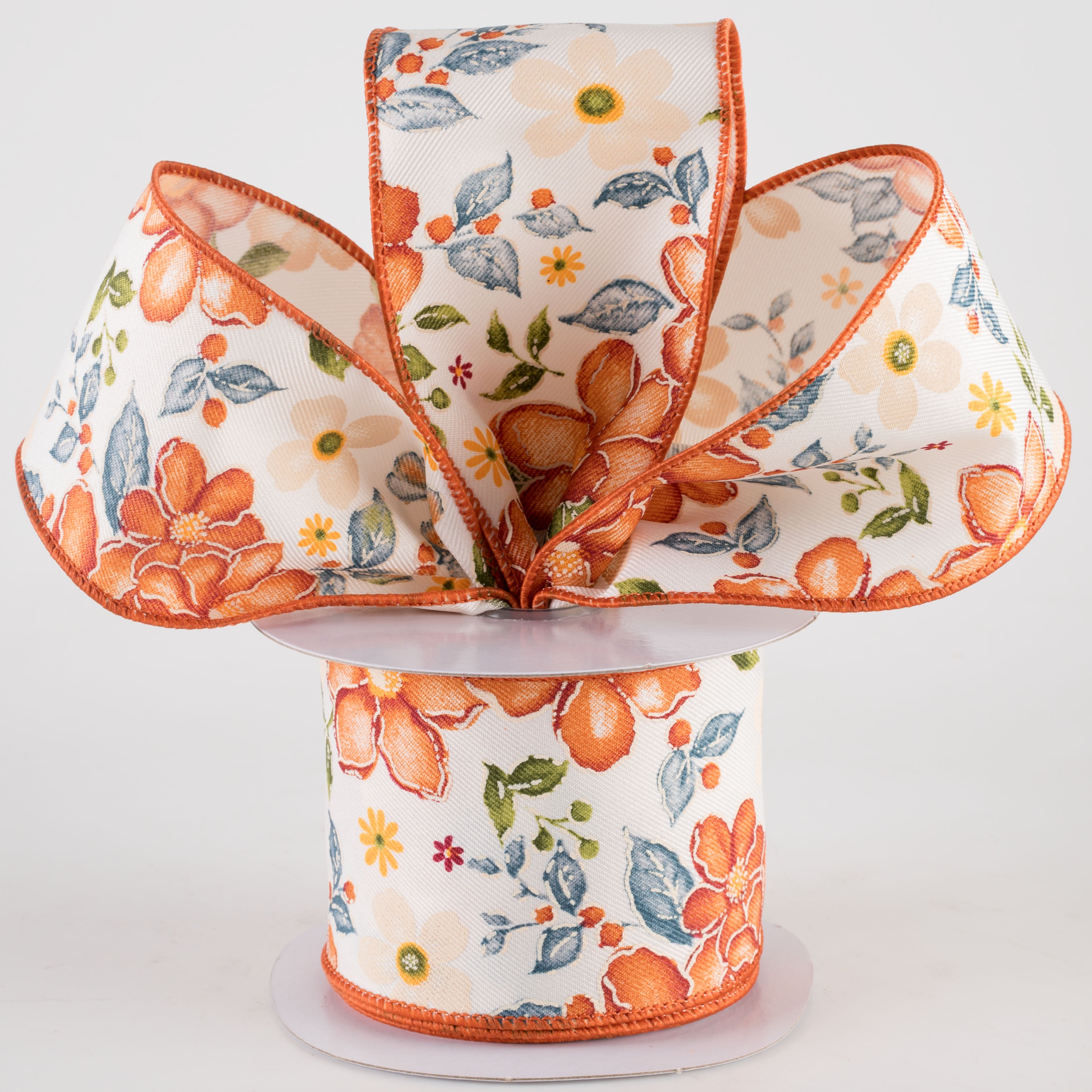 2.5" Watercolor Flowers Ribbon: Wine, Orange, Moss, Blue (10 Yards) Lifestyle Photo