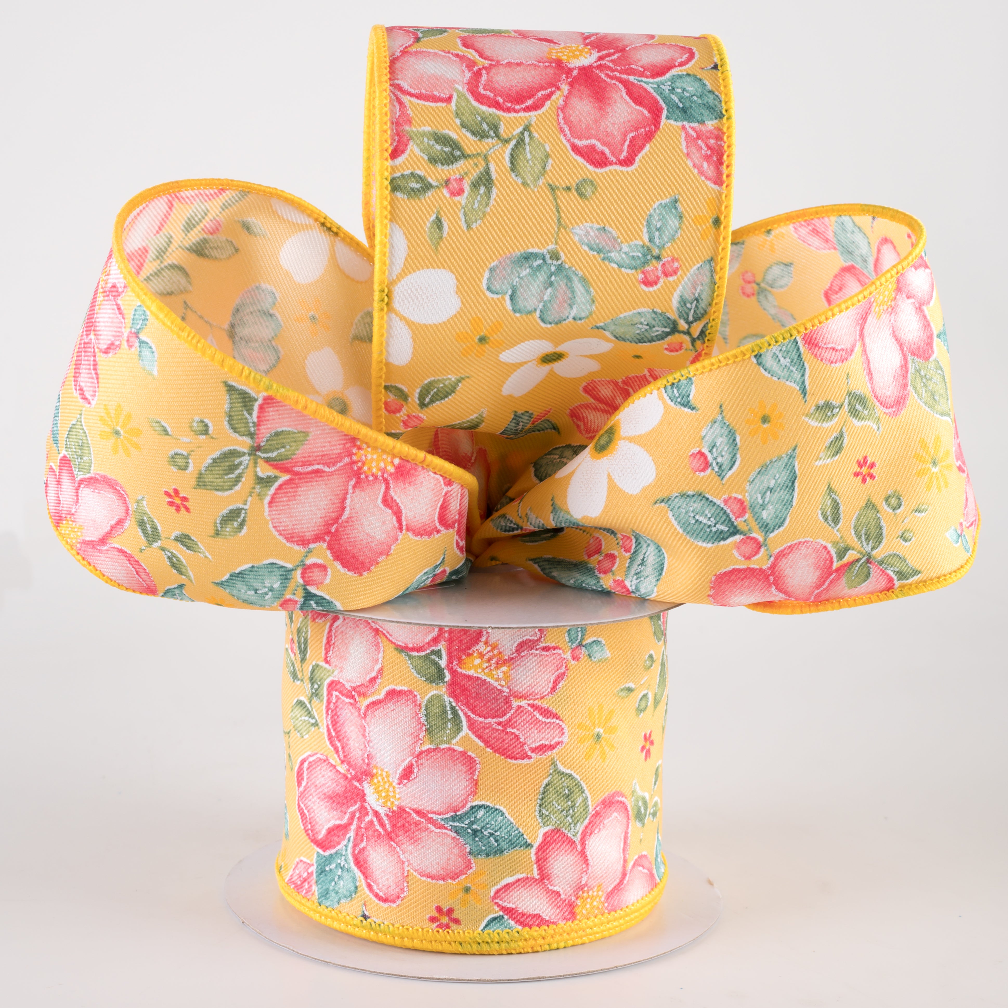 2.5" Watercolor Flowers Ribbon: Yellow, Dark Rose, Coral, Green (10 Yards) Lifestyle Photo