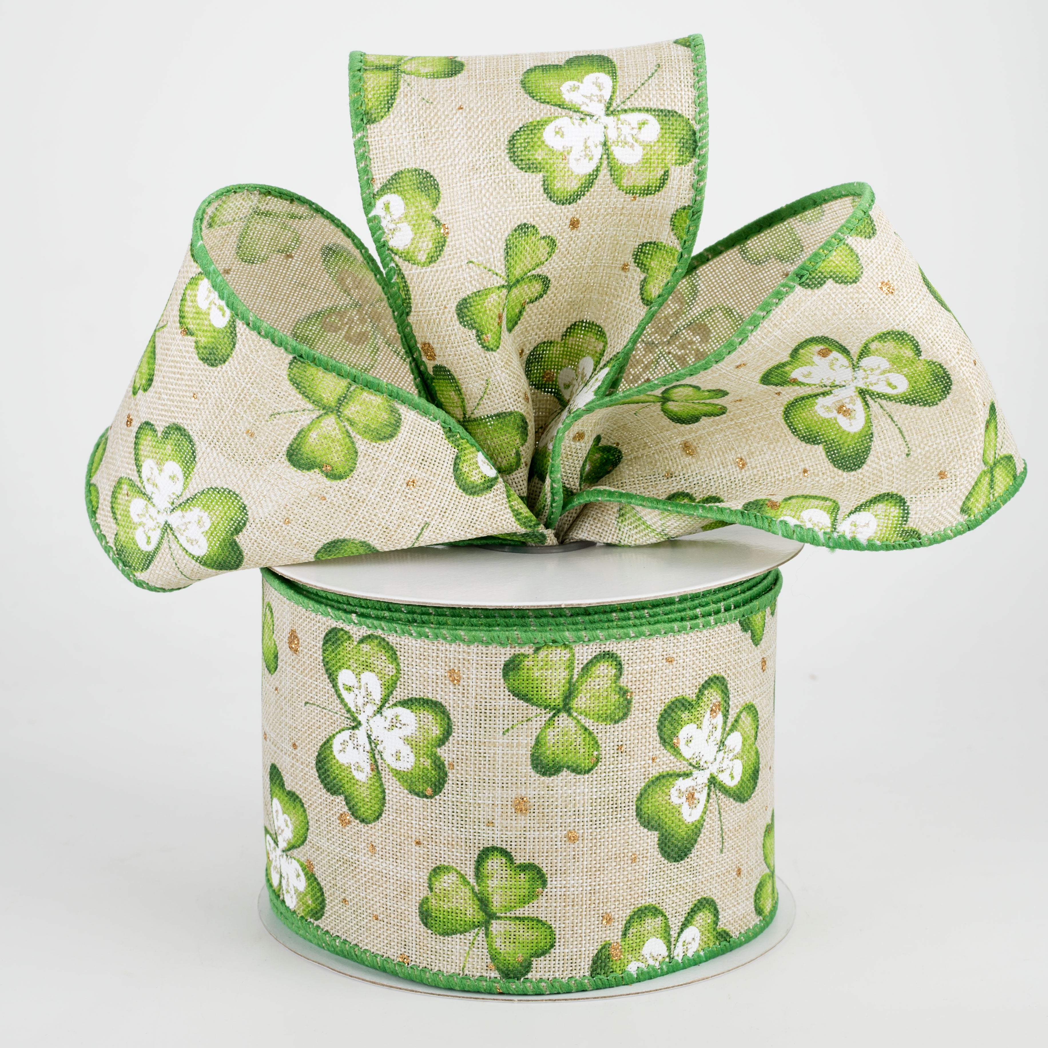 2.5" Watercolor Shamrocks Ribbon: Natural (10 Yards) Lifestyle Photo