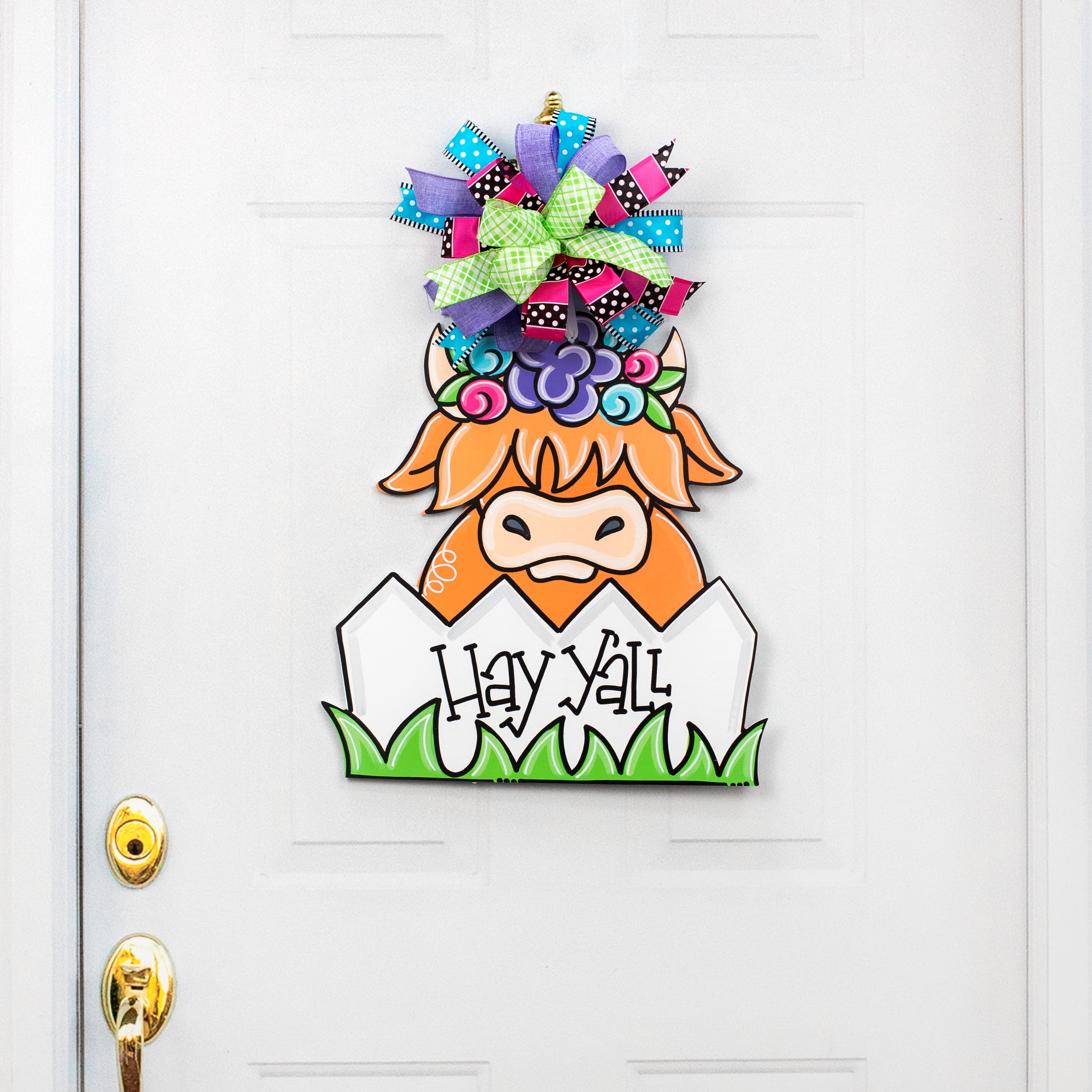 18" Waterproof Door Hanger: Hay Y'all Highland Cow Lifestyle Photo