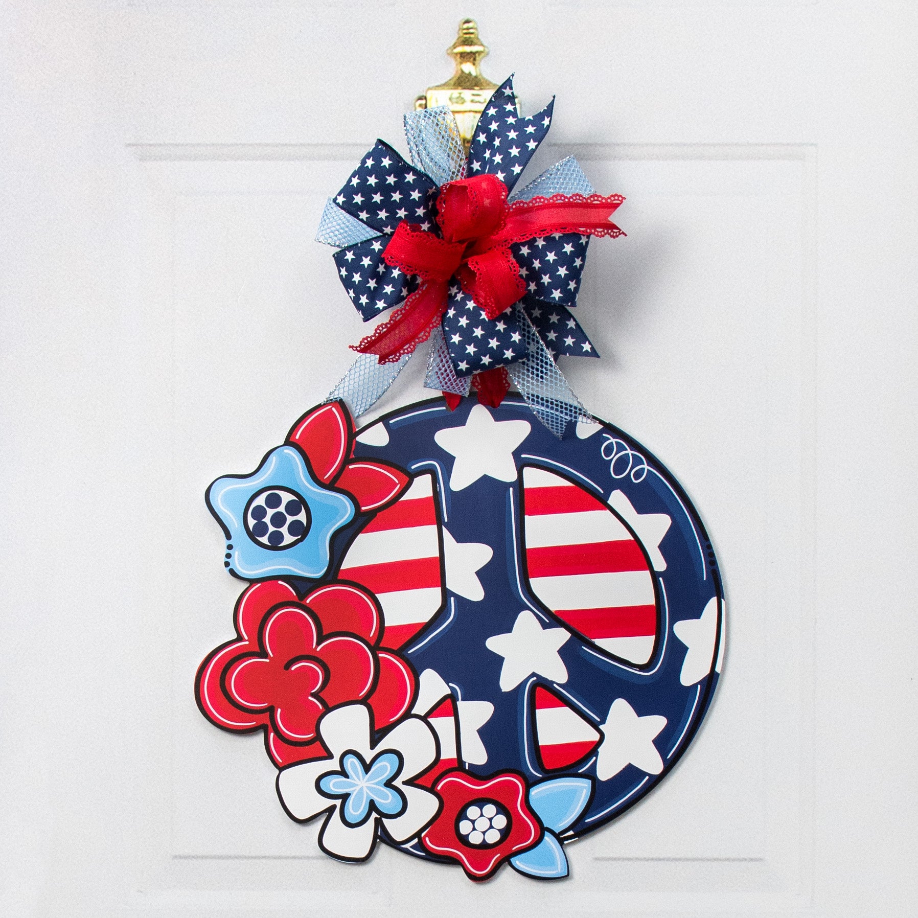 18" Waterproof Door Hanger: Patriotic Floral Peace Sign Lifestyle Photo