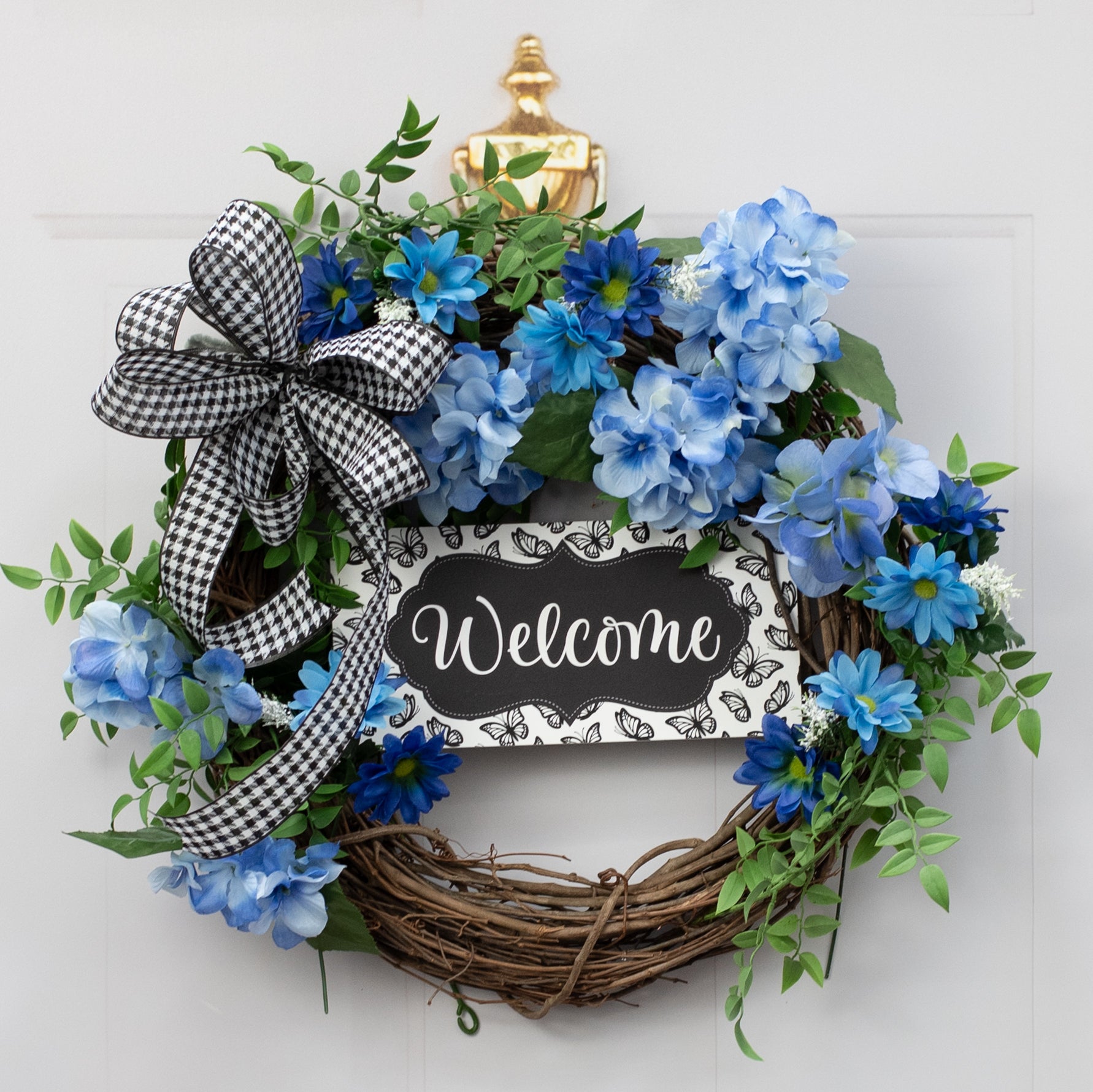 10.5" Waterproof Sign: Scalloped Welcome Monochrome Butterfly Lifestyle Photo