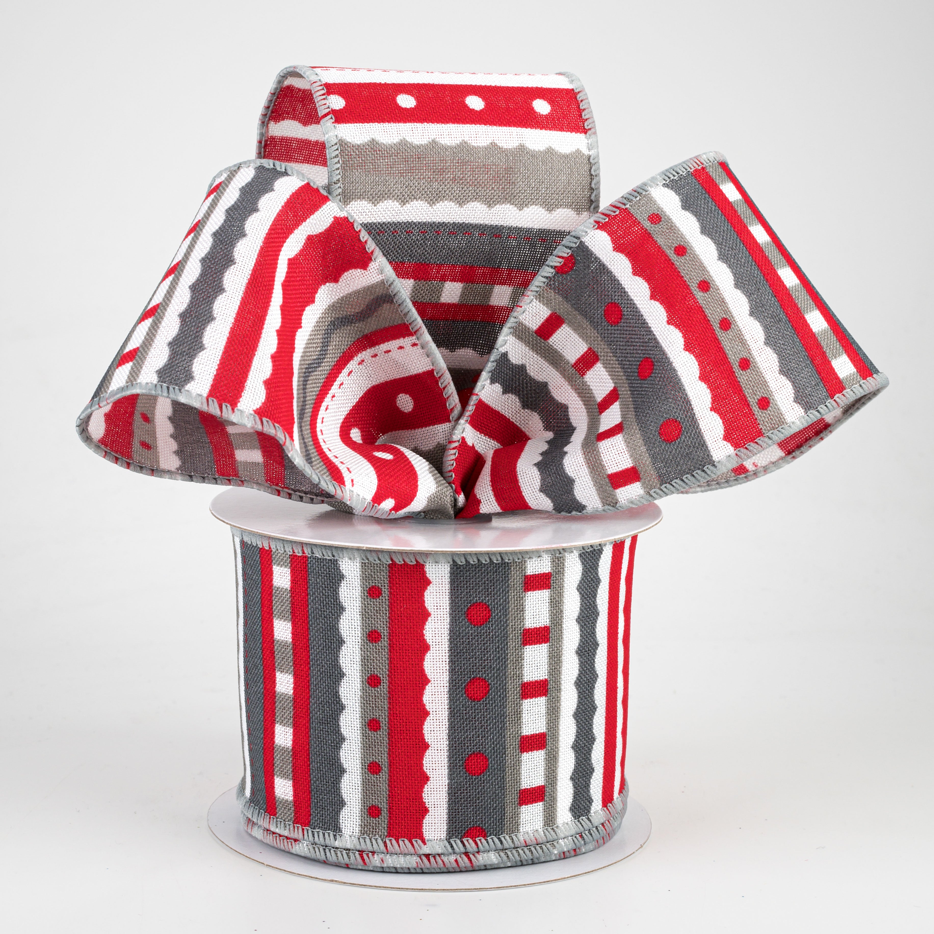 2.5" Whimsy Stripe Ribbon: Grey, Red & White (10 Yards) Lifestyle Photo