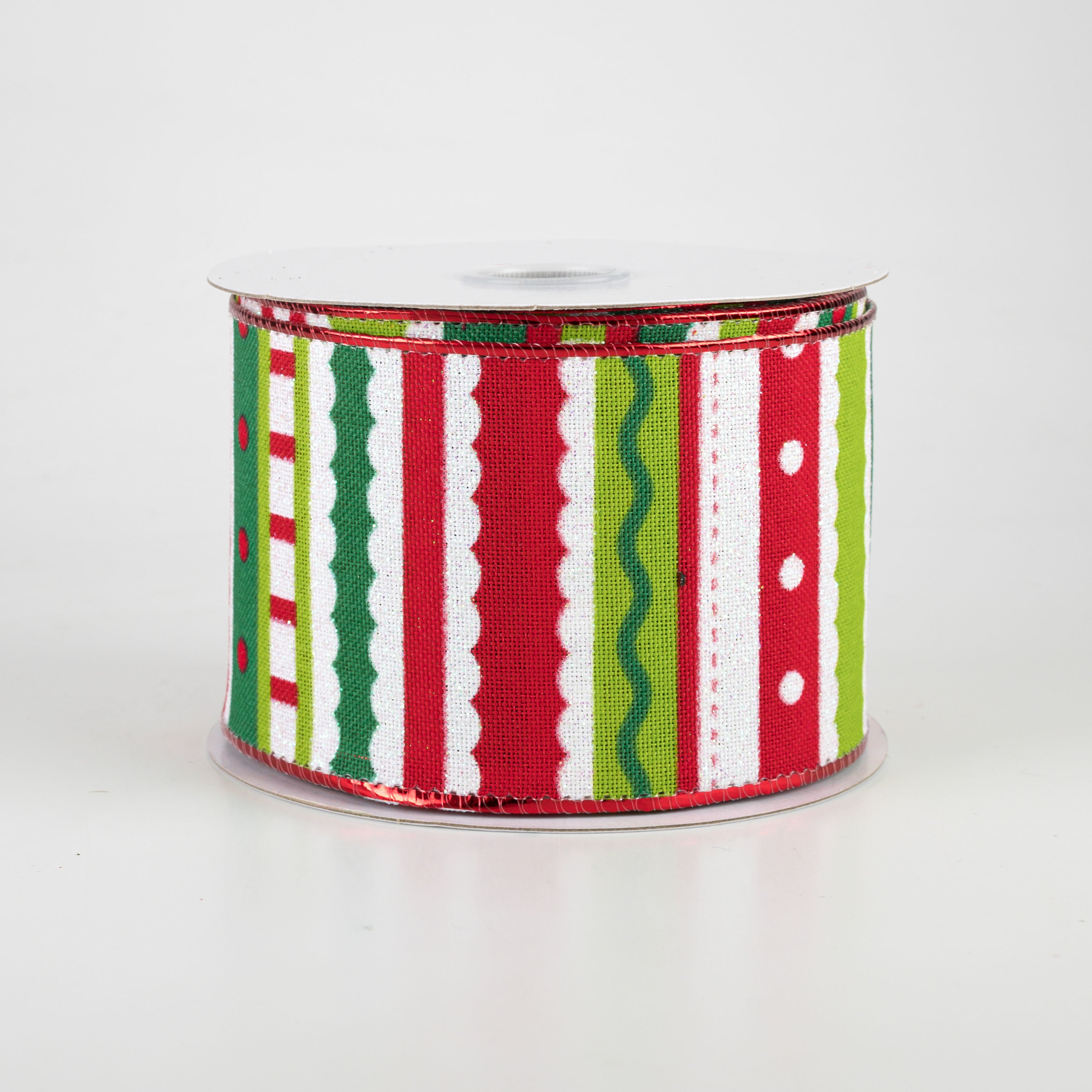 2.5" Whimsy Stripe Ribbon: Lime, Red, White (10 Yards)