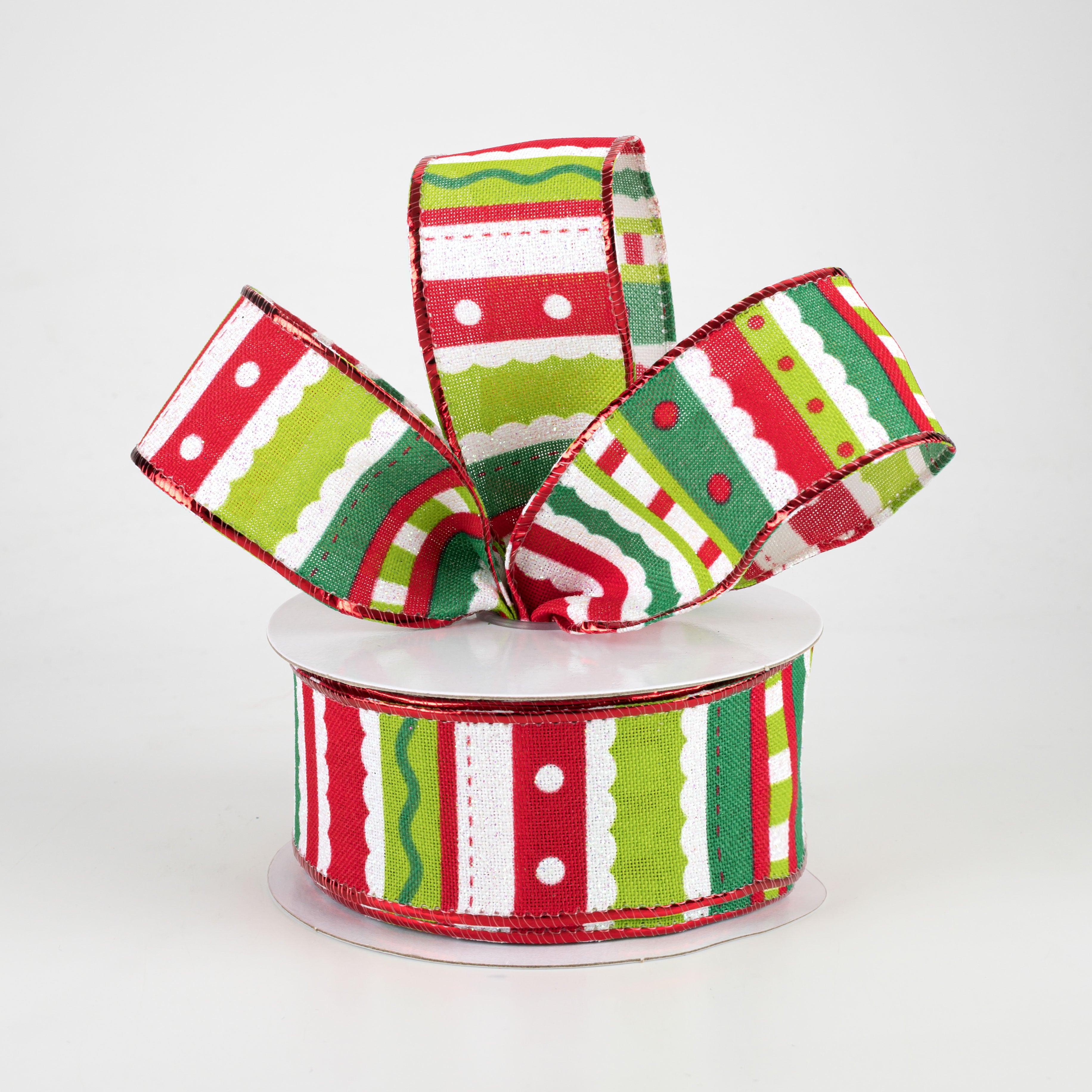 1.5" Whimsy Stripe Ribbon: Lime, Red, White (10 Yards) Lifestyle Photo