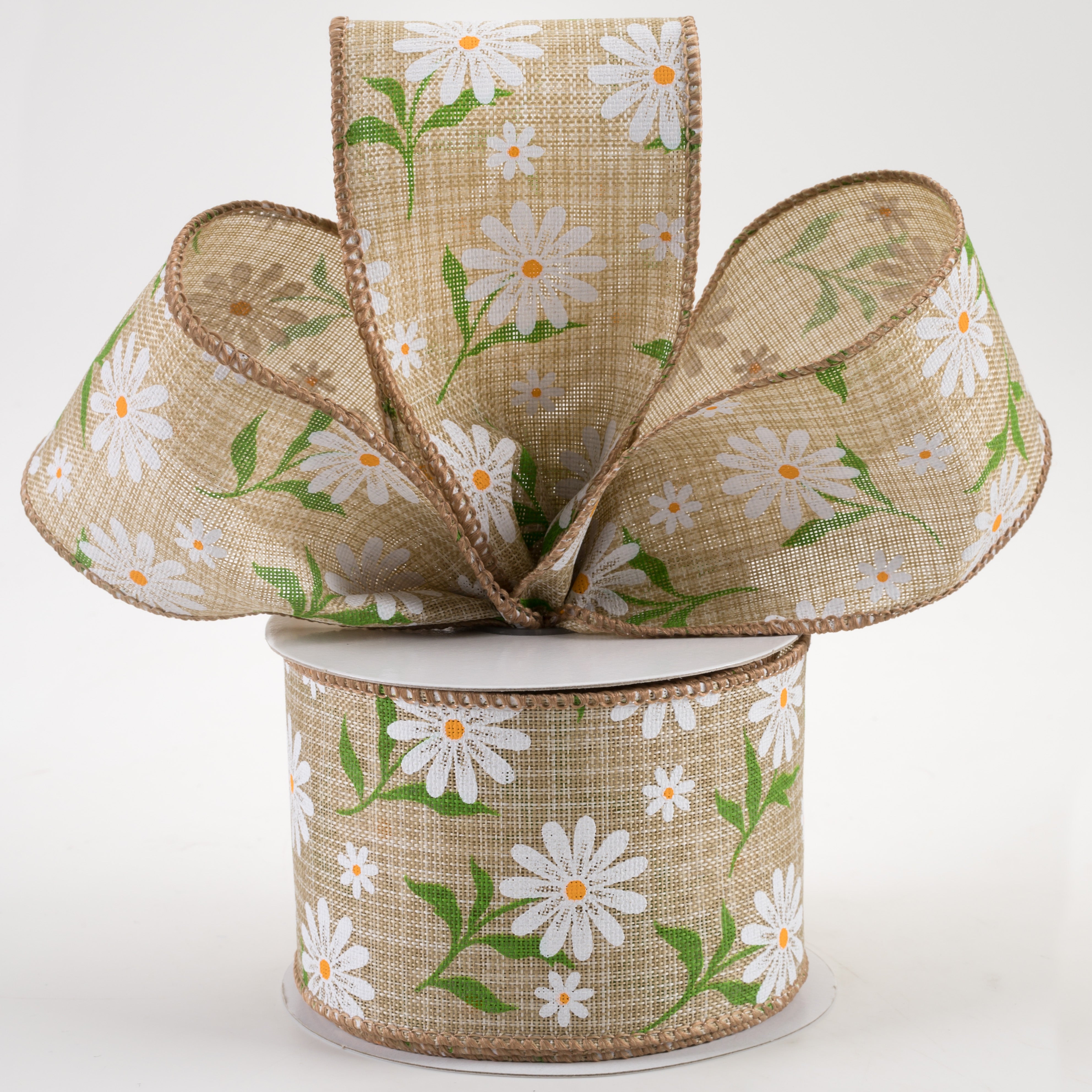 2.5" White Daisy Linen Ribbon: Natural (10 Yards) Lifestyle Photo