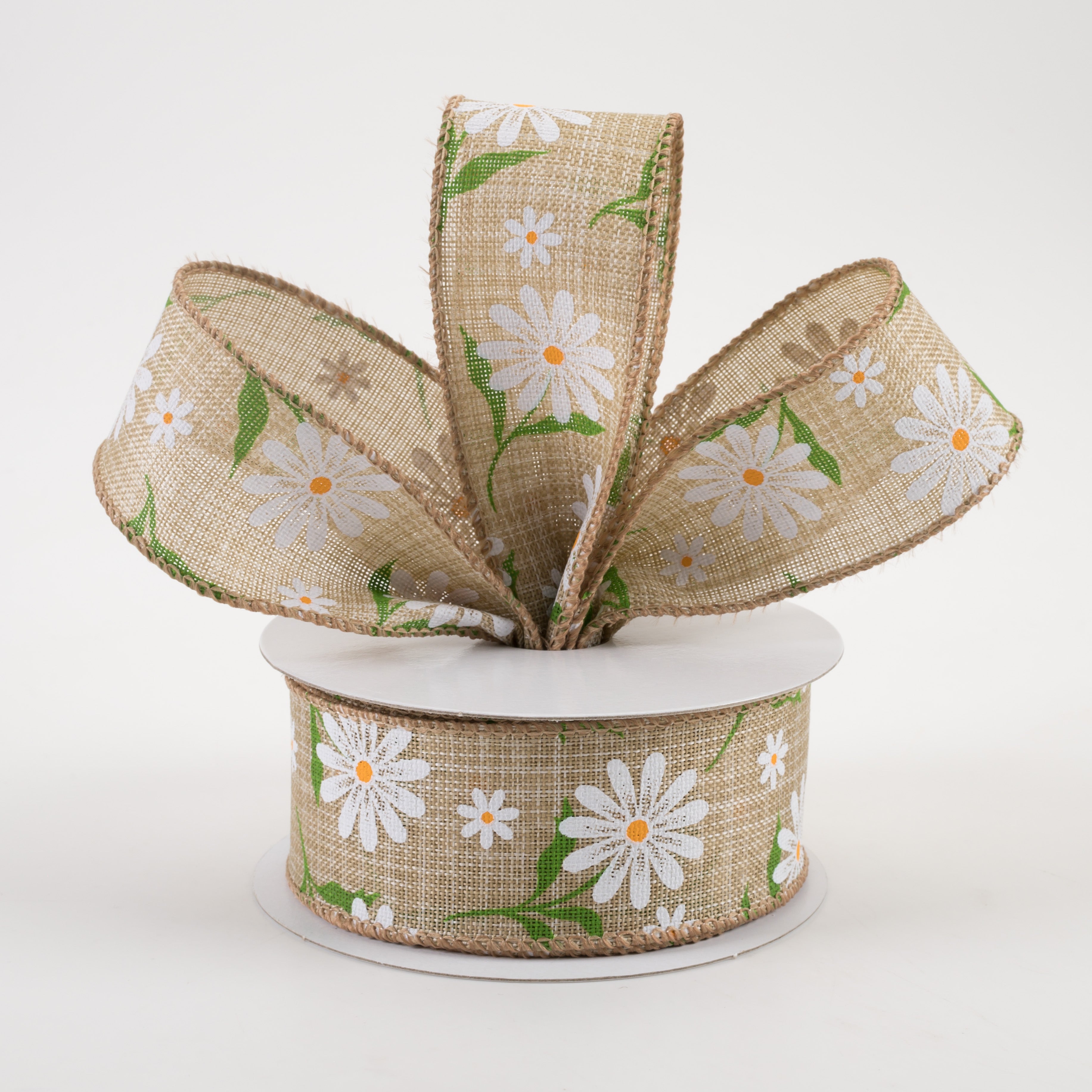 1.5" White Daisy Linen Ribbon: Natural (10 Yards) Lifestyle Photo