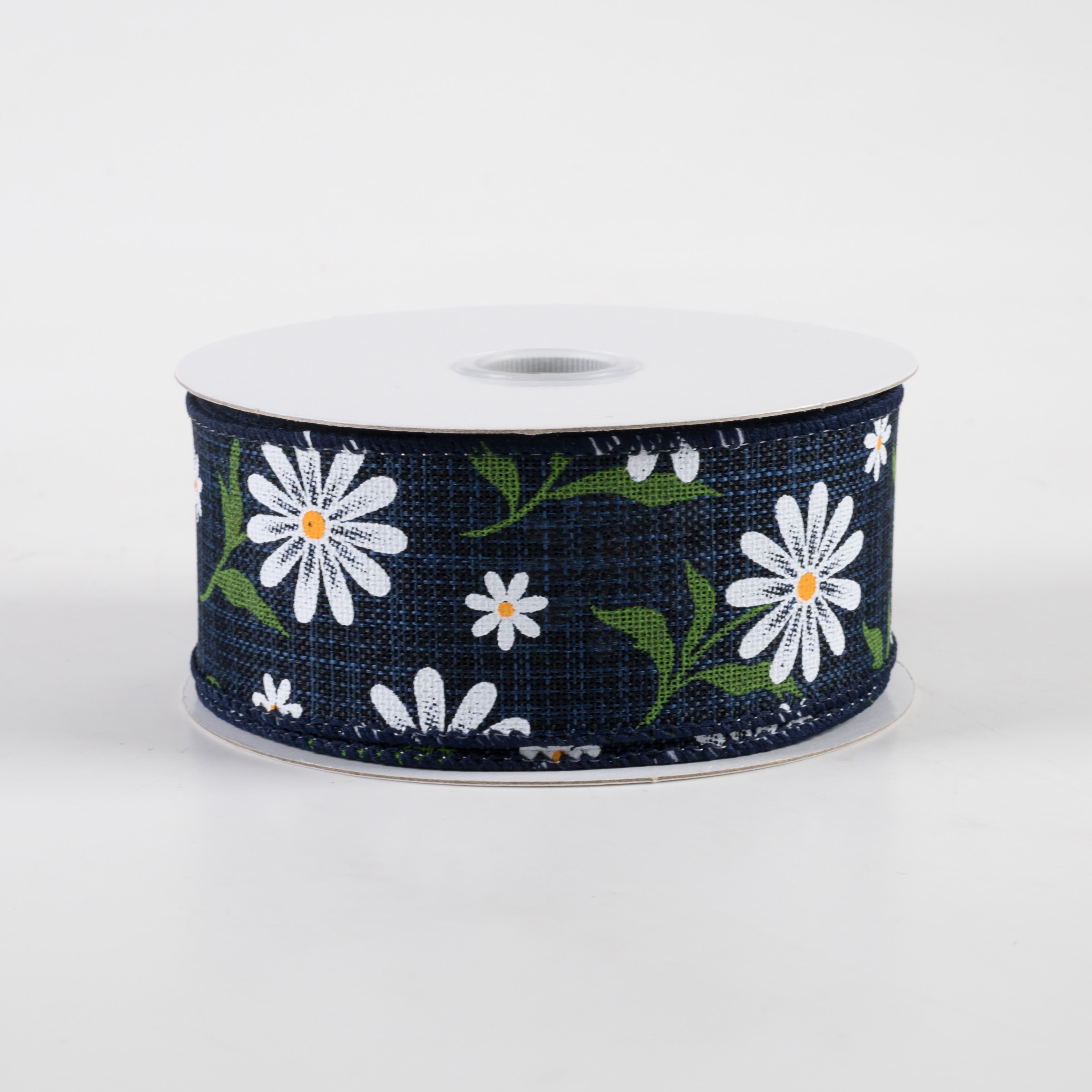 1.5" White Daisy Linen Ribbon: Navy (10 Yards)