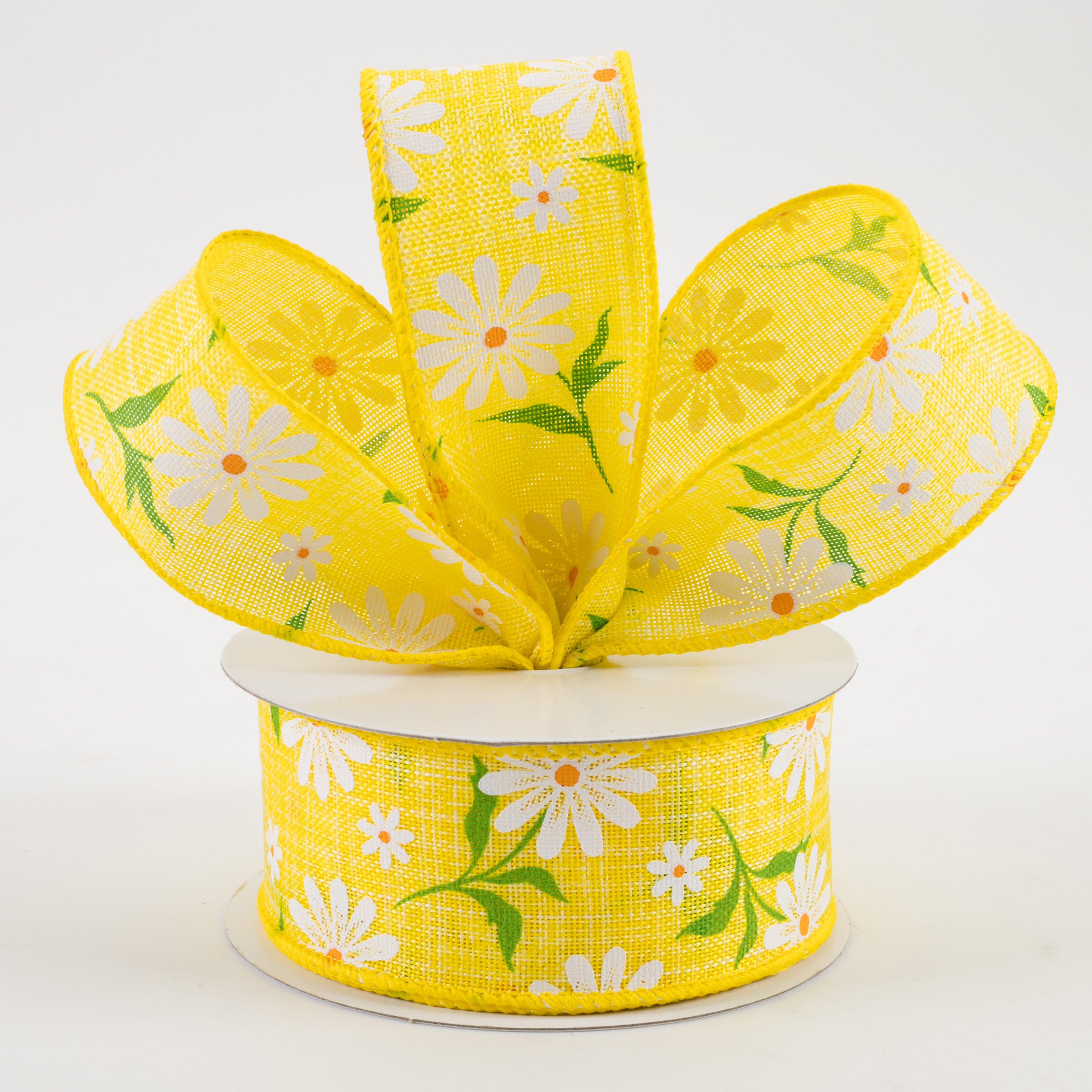 1.5" White Daisy Linen Ribbon: Yellow (10 Yards) Lifestyle Photo