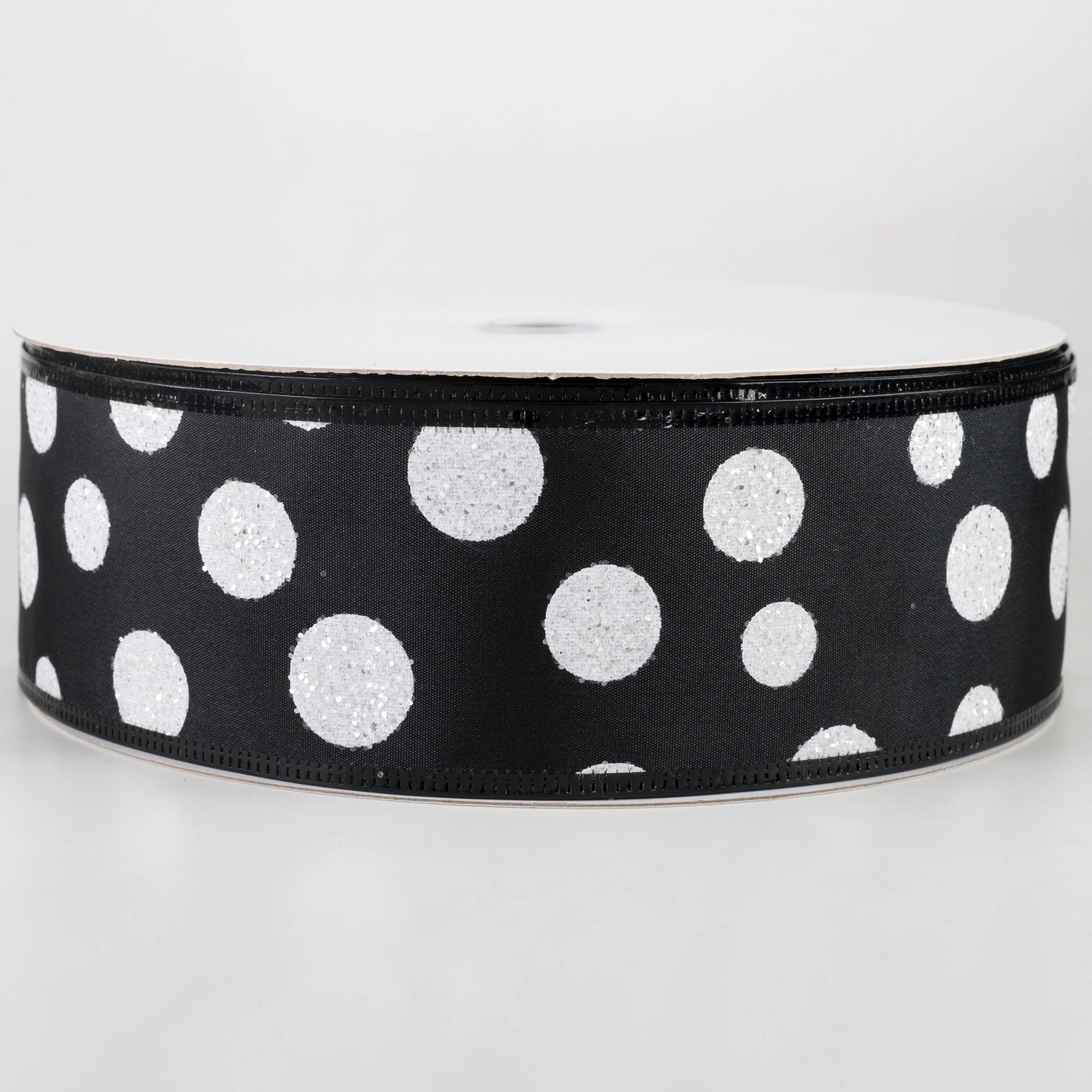 2.5" White Glitter Big Dot Satin Ribbon: Black (50 Yards)