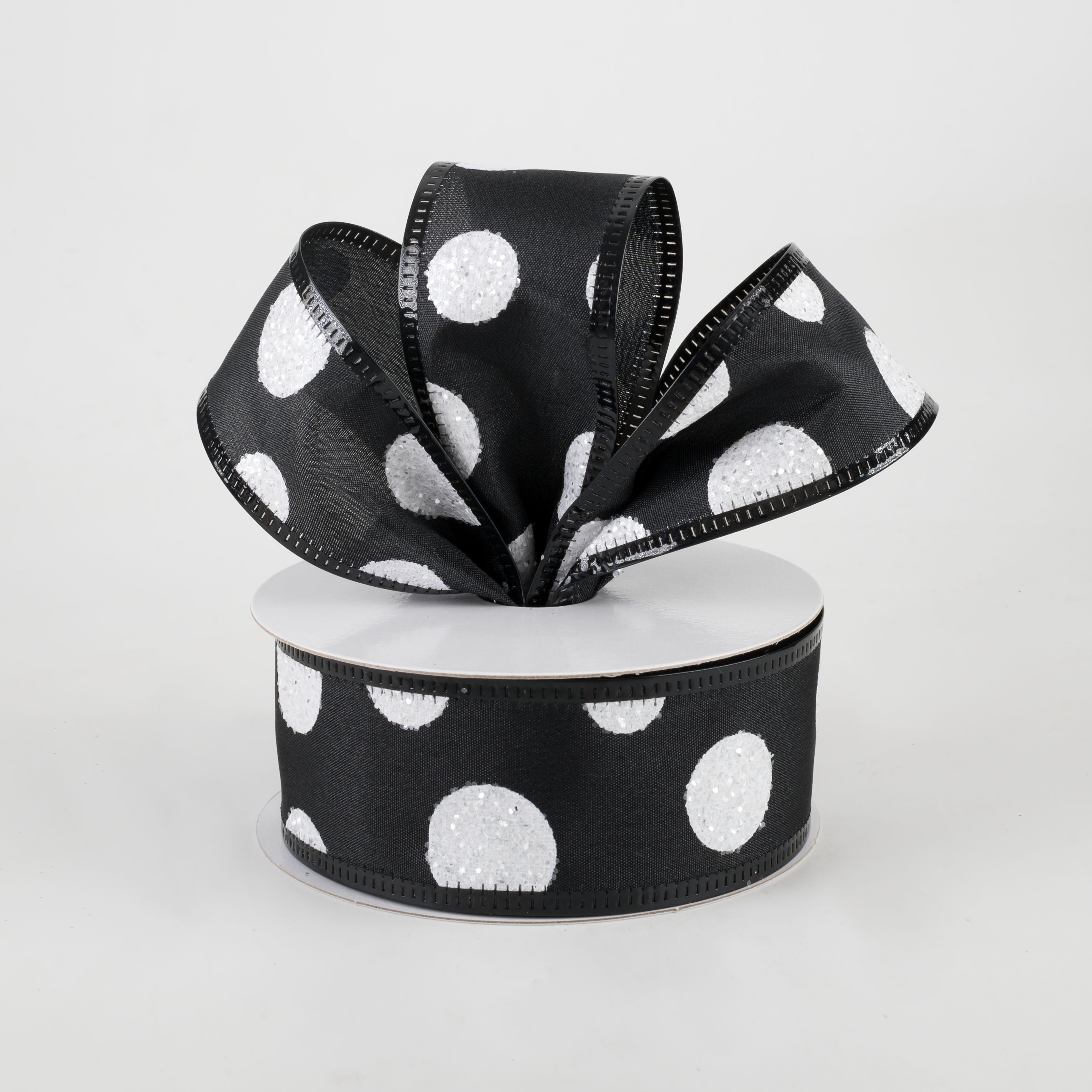 1.5" White Glitter Big Dot Satin Ribbon: Black (10 Yards) Lifestyle Photo