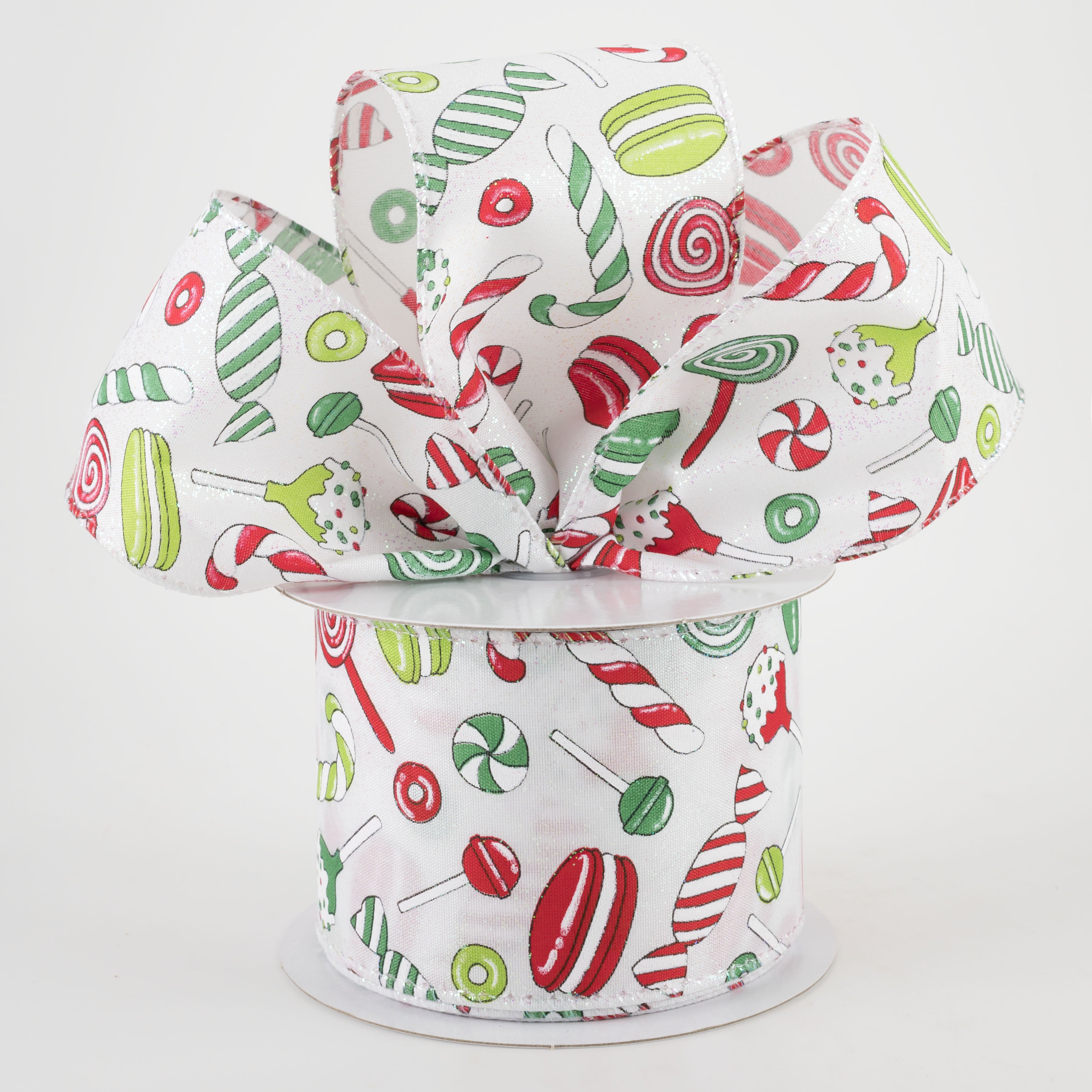 2.5" White Glitter Satin Christmas Treats Ribbon: Red & Green (10 Yards) Lifestyle Photo