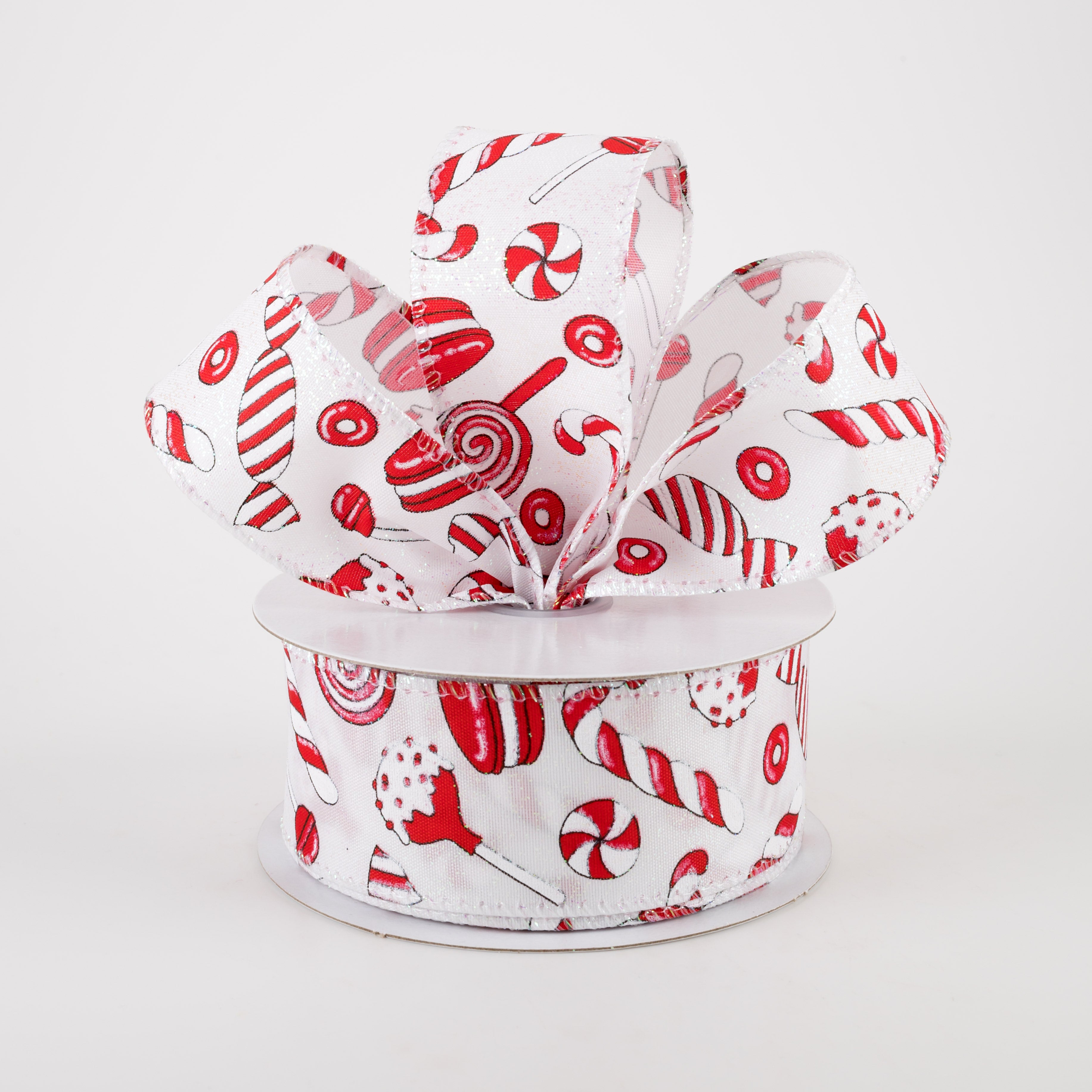 1.5" White Glitter Satin Christmas Treats Ribbon: Red, White (10 Yards) Lifestyle Photo
