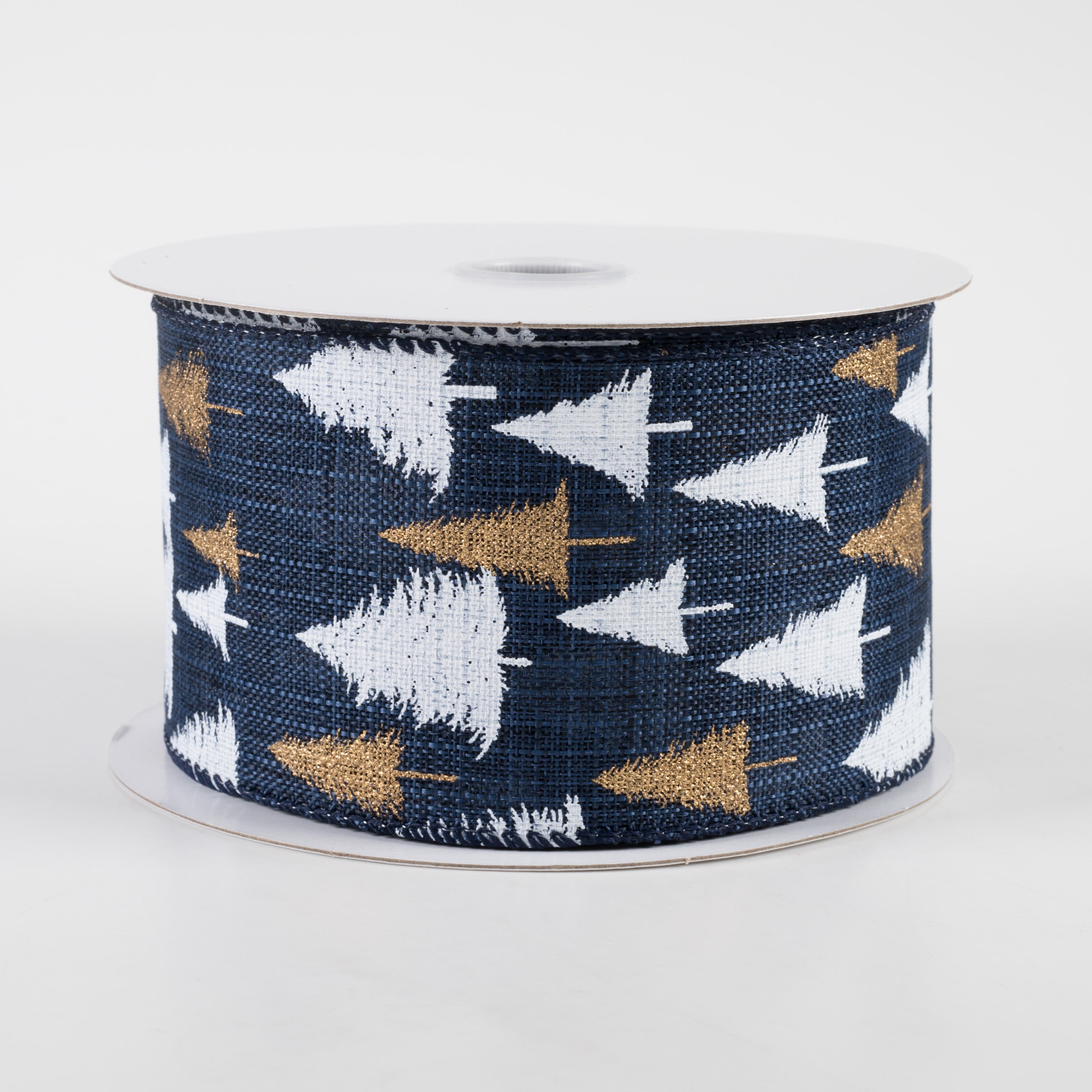 2.5" White & Gold Glittered Tree Linen Ribbon: Navy (10 Yards)