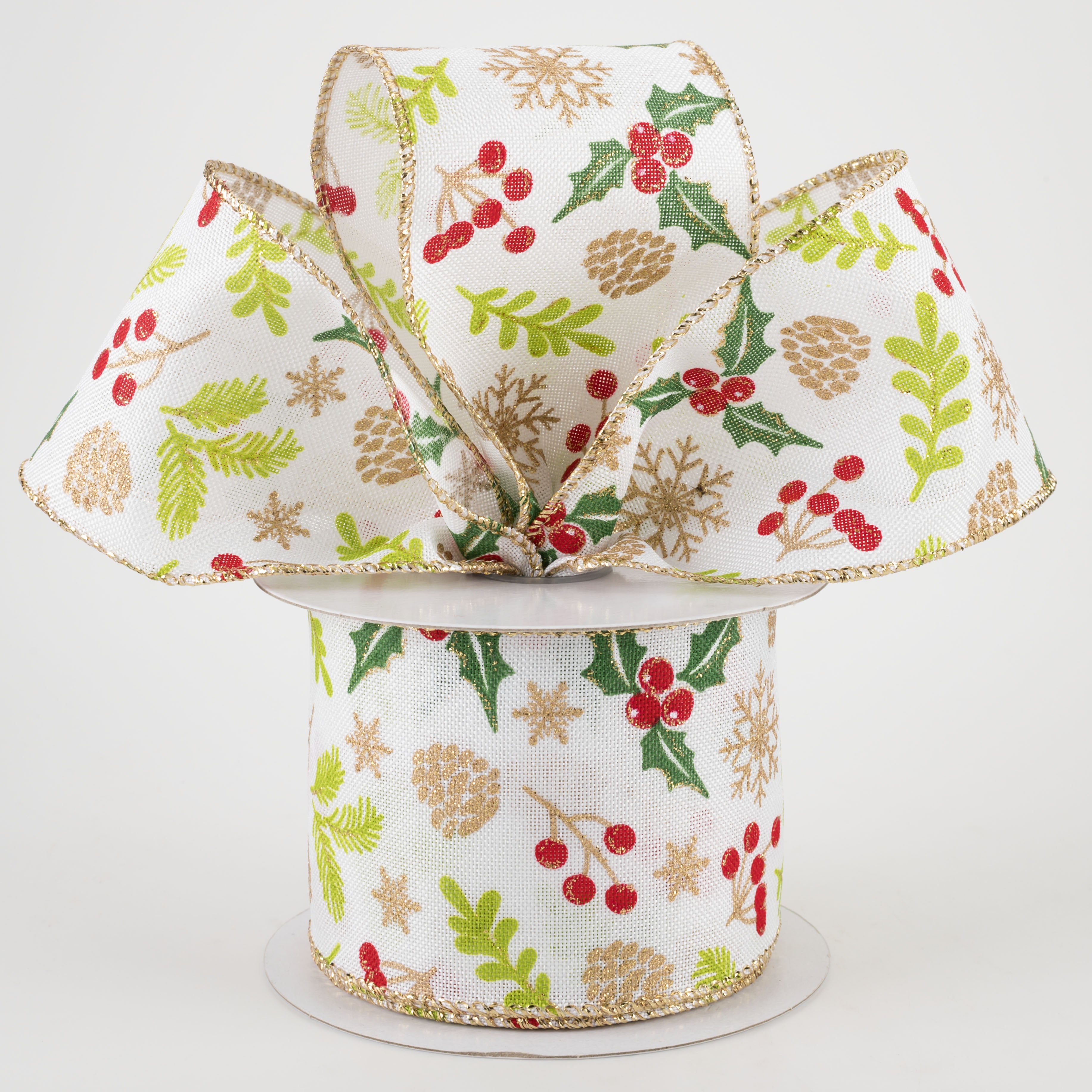 2.5" White Linen Berries Ribbon: Red, Gold, Green (10 Yards) Lifestyle Photo