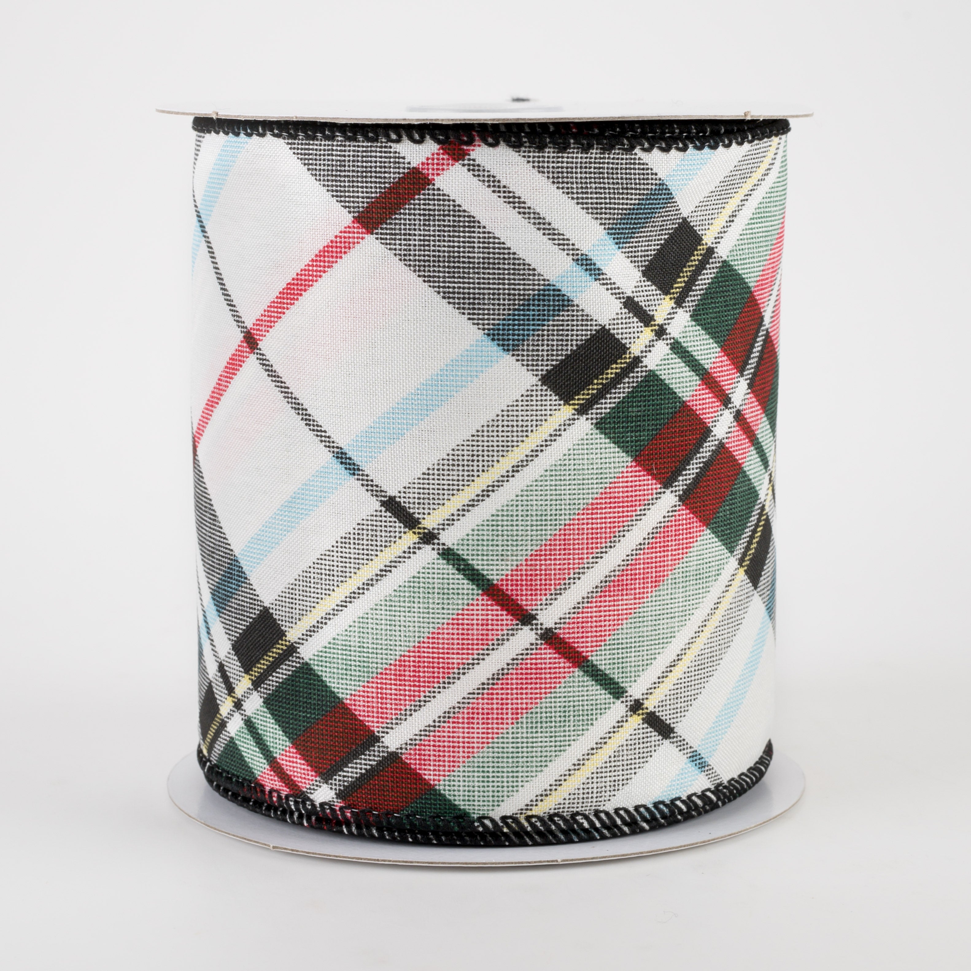 4" White Linen Toy Soldier Plaid Ribbon: Green, Red, Black, Yellow (10 Yards)