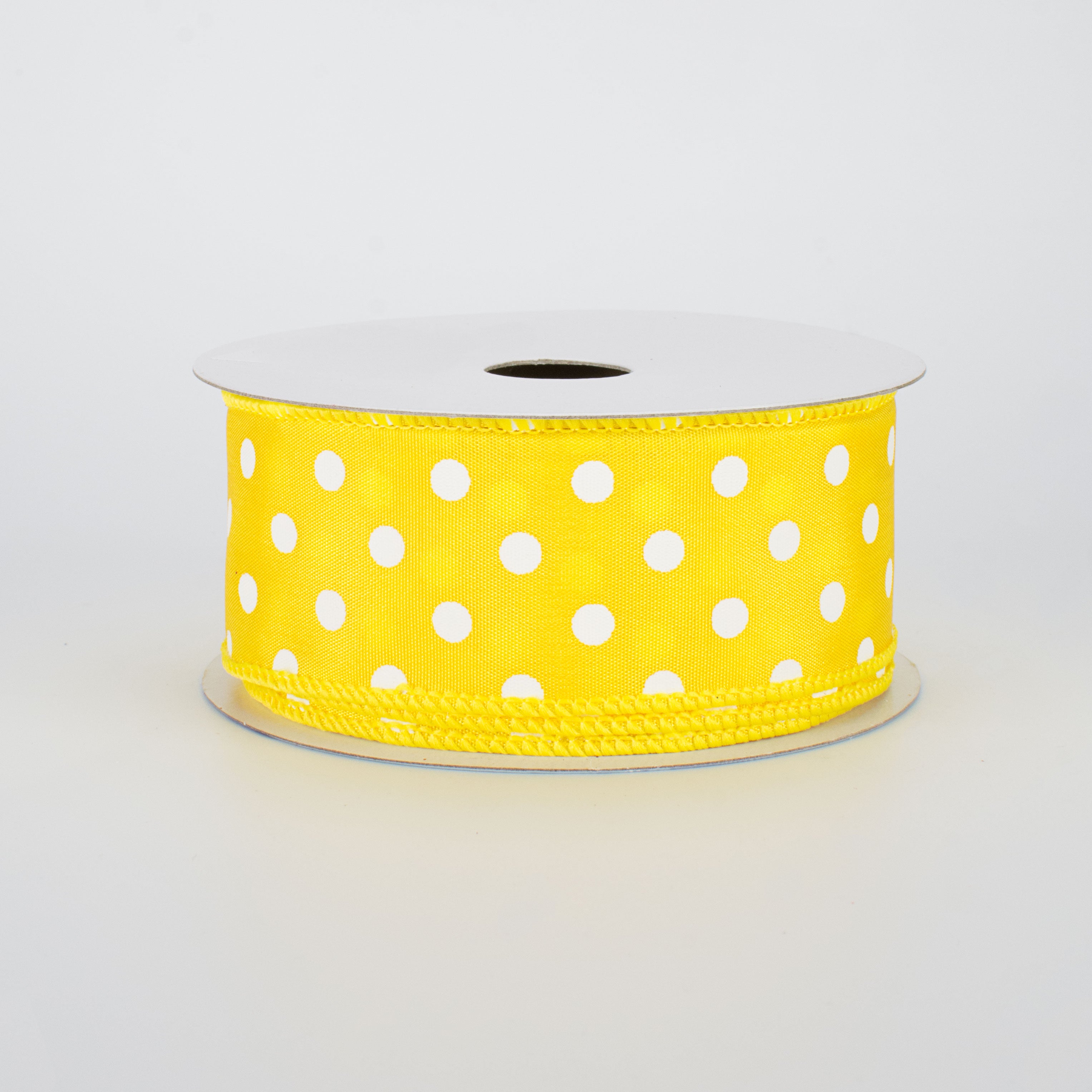 1.5" White Polka Dot Ribbon: Yellow (10 Yards)