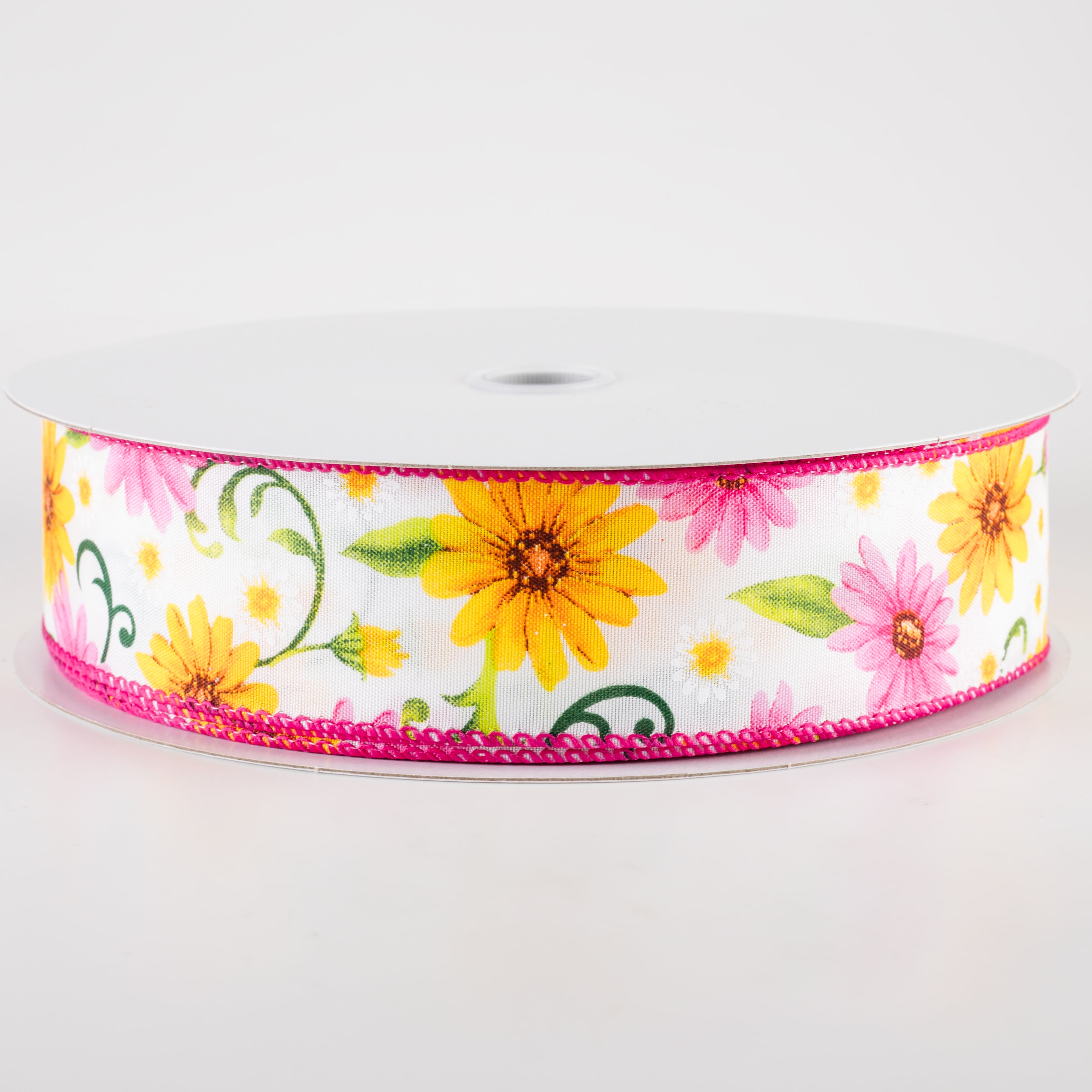 1.5" White Satin Daisies Ribbon: Pink & Yellow (50 Yards) Item Number: 841-09-431