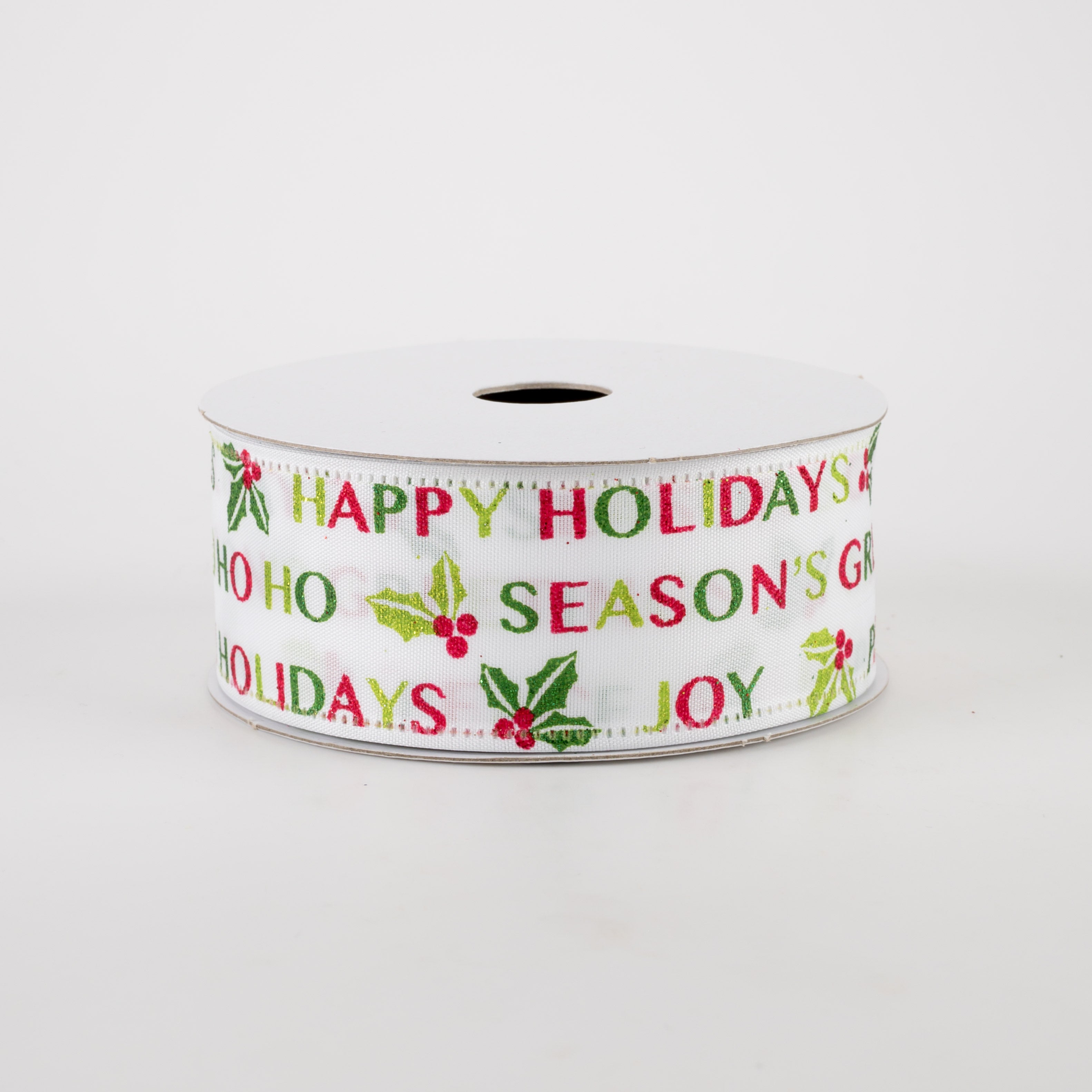 1.5" White Satin Seasons Greetings Ribbon (10 Yards) Item Number: 75115-09-01