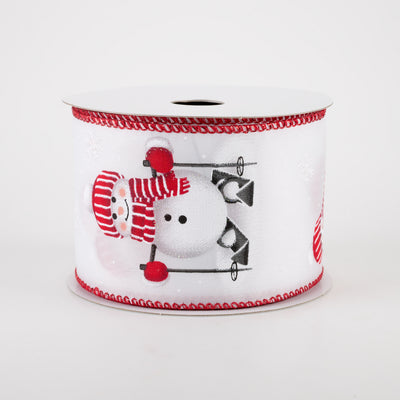 2.5" White Satin Skiing Snowman Ribbon: Red, White (10 Yards)
