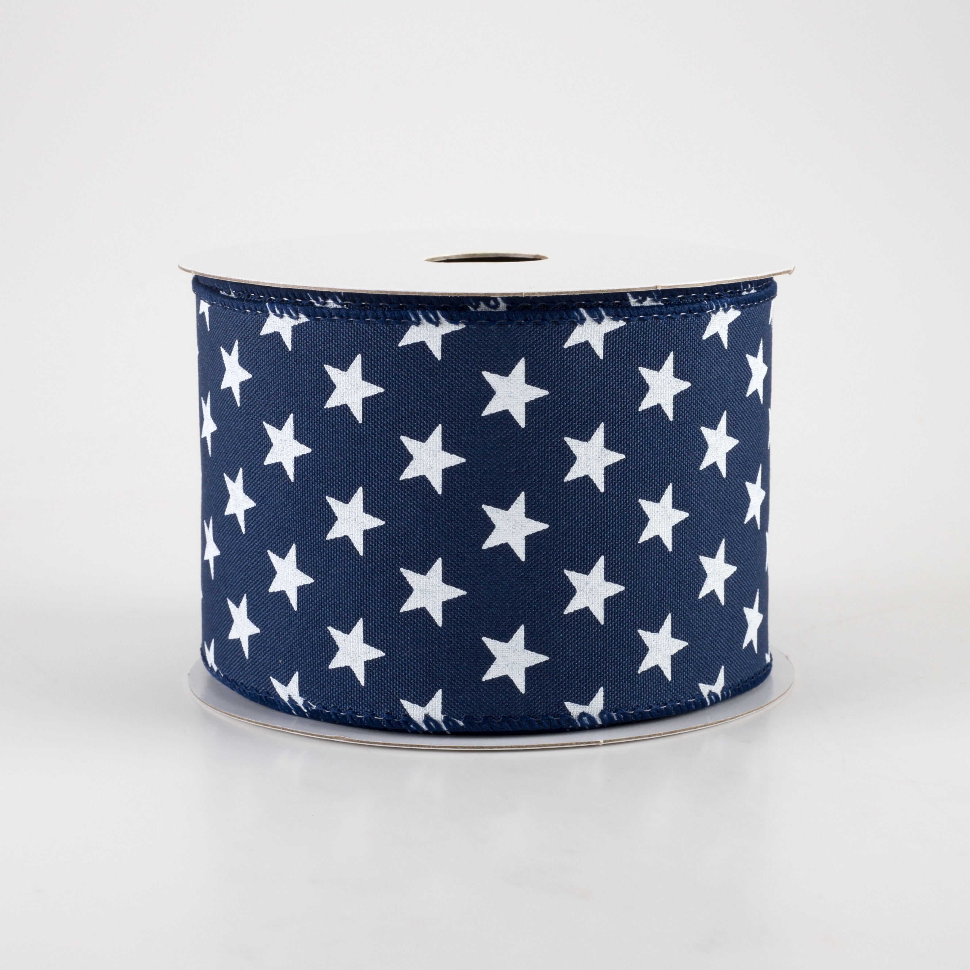 2.5" White Stars On Navy Satin Ribbon (10 Yards)
