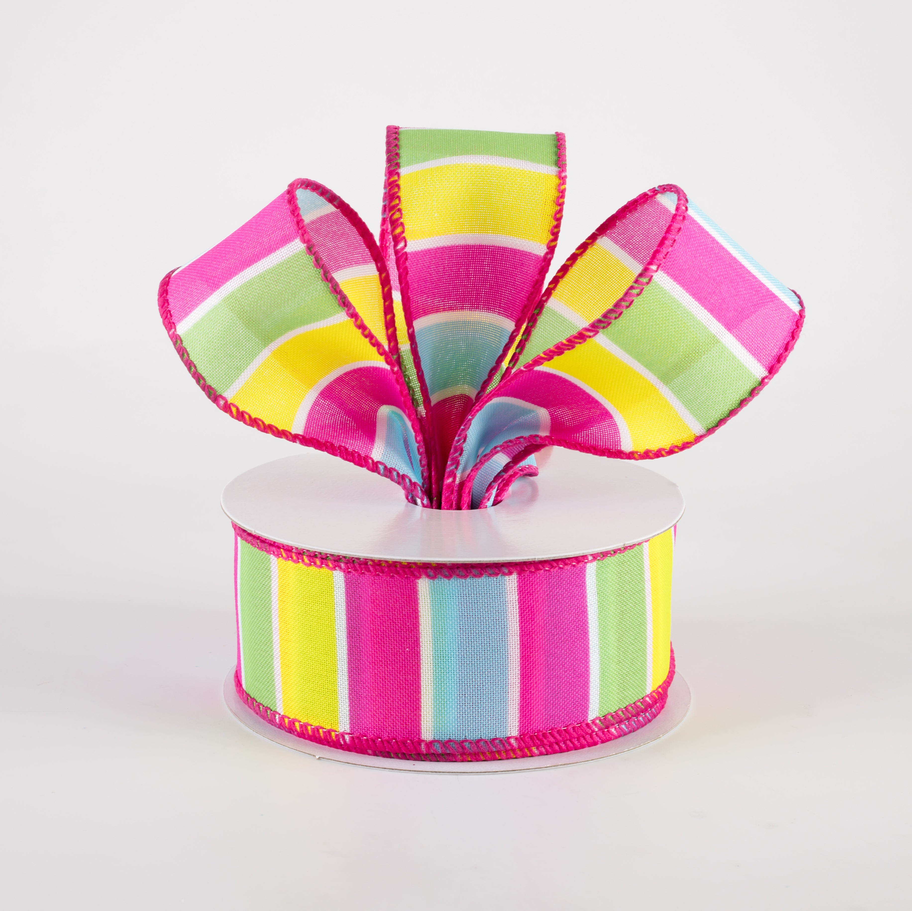 1.5" Wide Stripes Ribbon: Fuchsia Pink, Aqua, Yellow, Lime (10 Yards) Lifestyle Photo