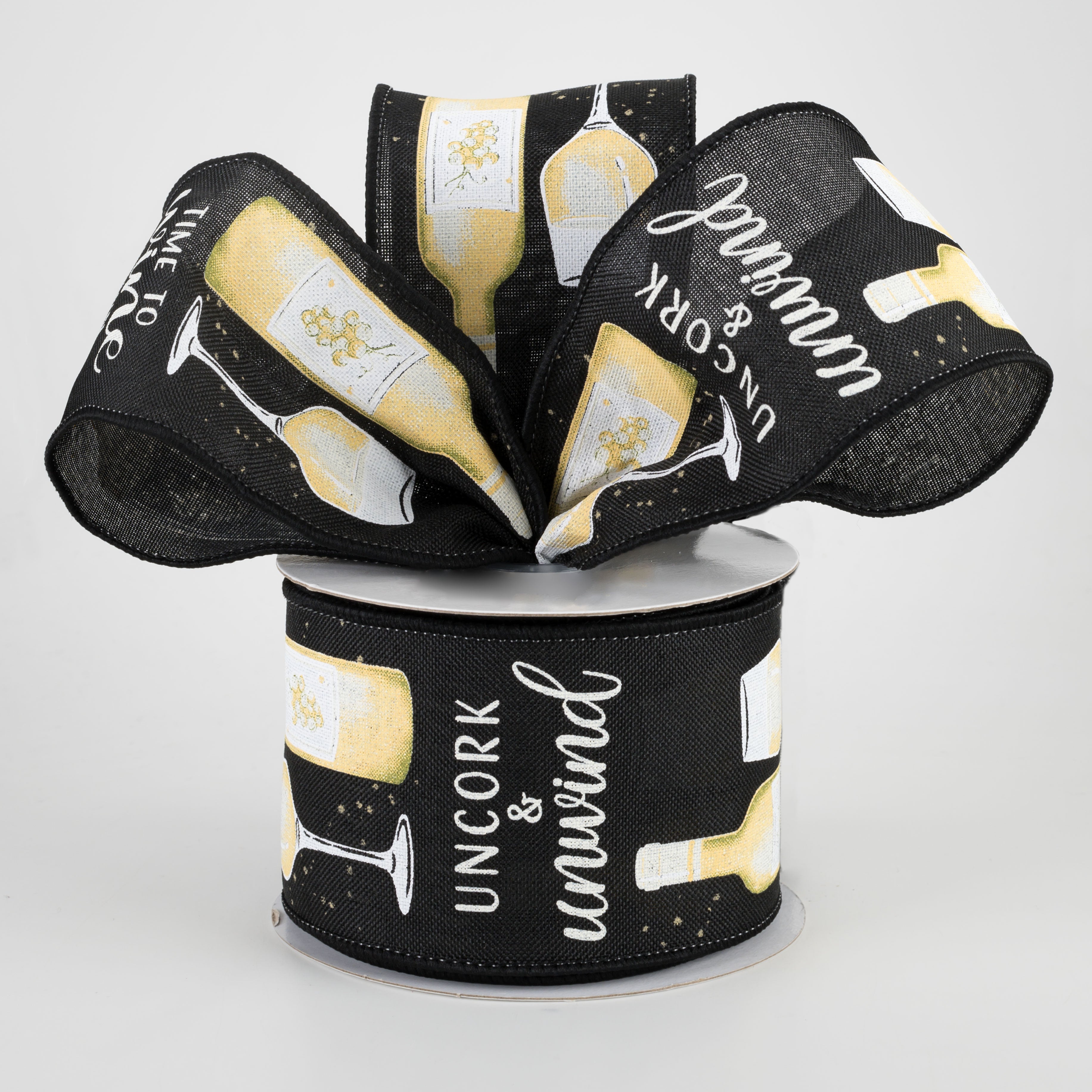 2.5" Wine Down Bottle Ribbon: Black & Cream (10 Yards) Lifestyle Photo