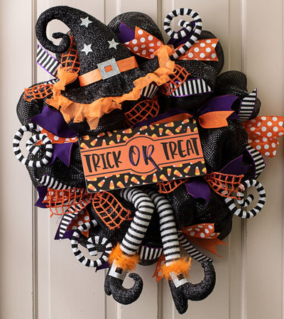 Witch Hat & Legs Wreath Accent: Black, Orange, White Stripe Lifestyle Photo