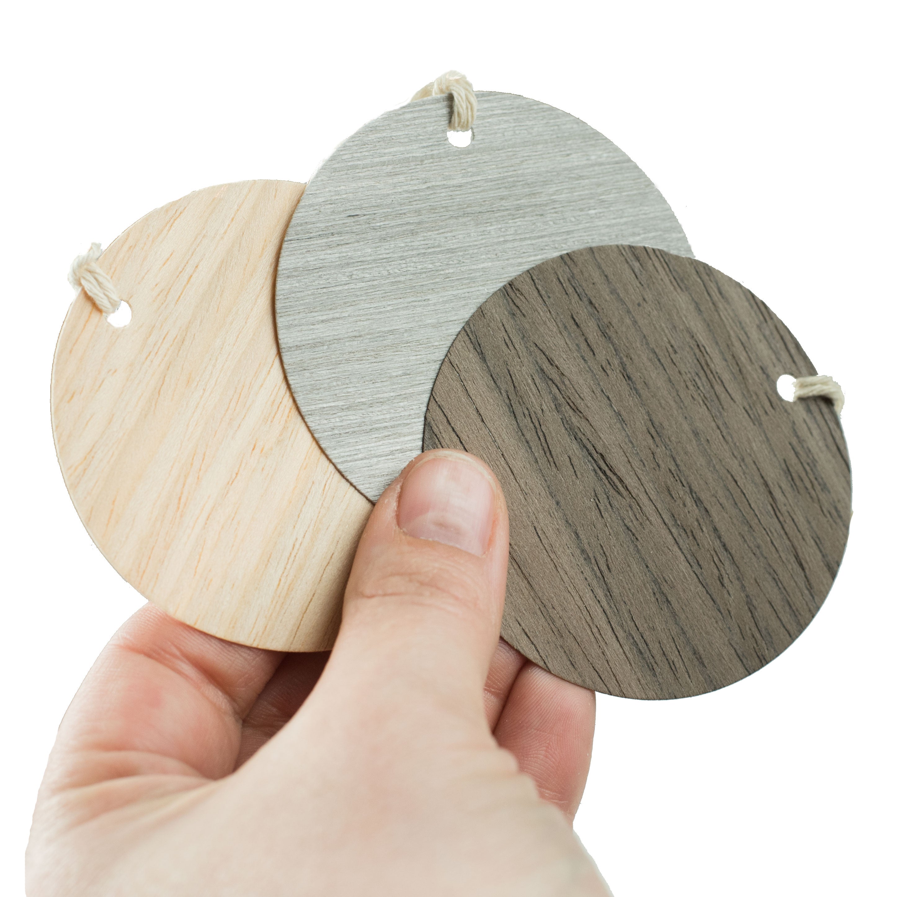 2.5" Wood Veneer Tags: Round (6) Lifestyle Photo